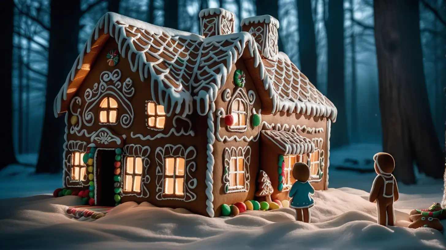 Two children, only two, are lost in the forest, they find a gingerbread house, there is dramatic light, no one seems to be around the house, the house is dark and ominous