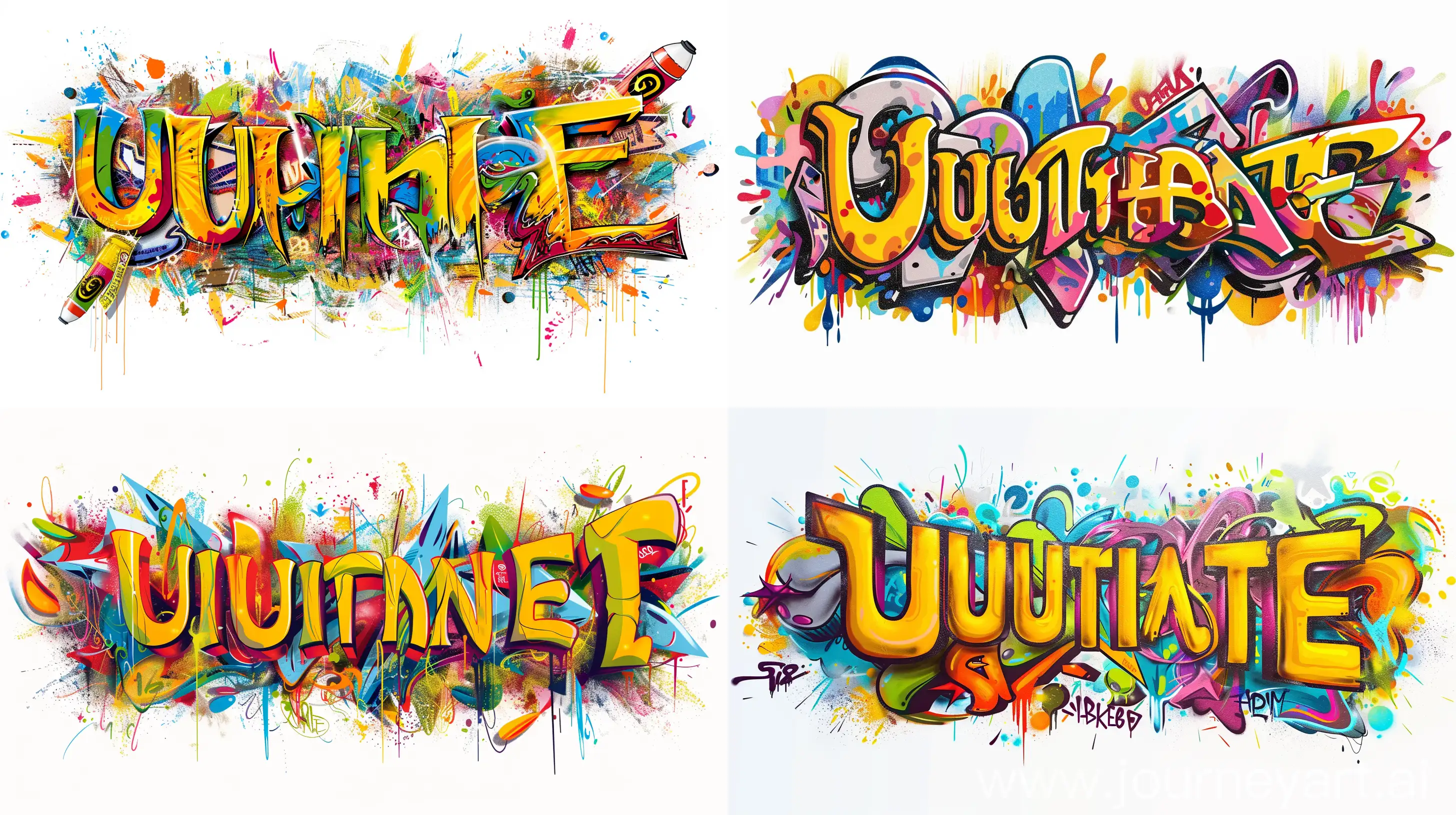a colorful graffiti art banner of the word "Ultimate", aligned to the right margin, yellow as primary color, white background --ar 16:9