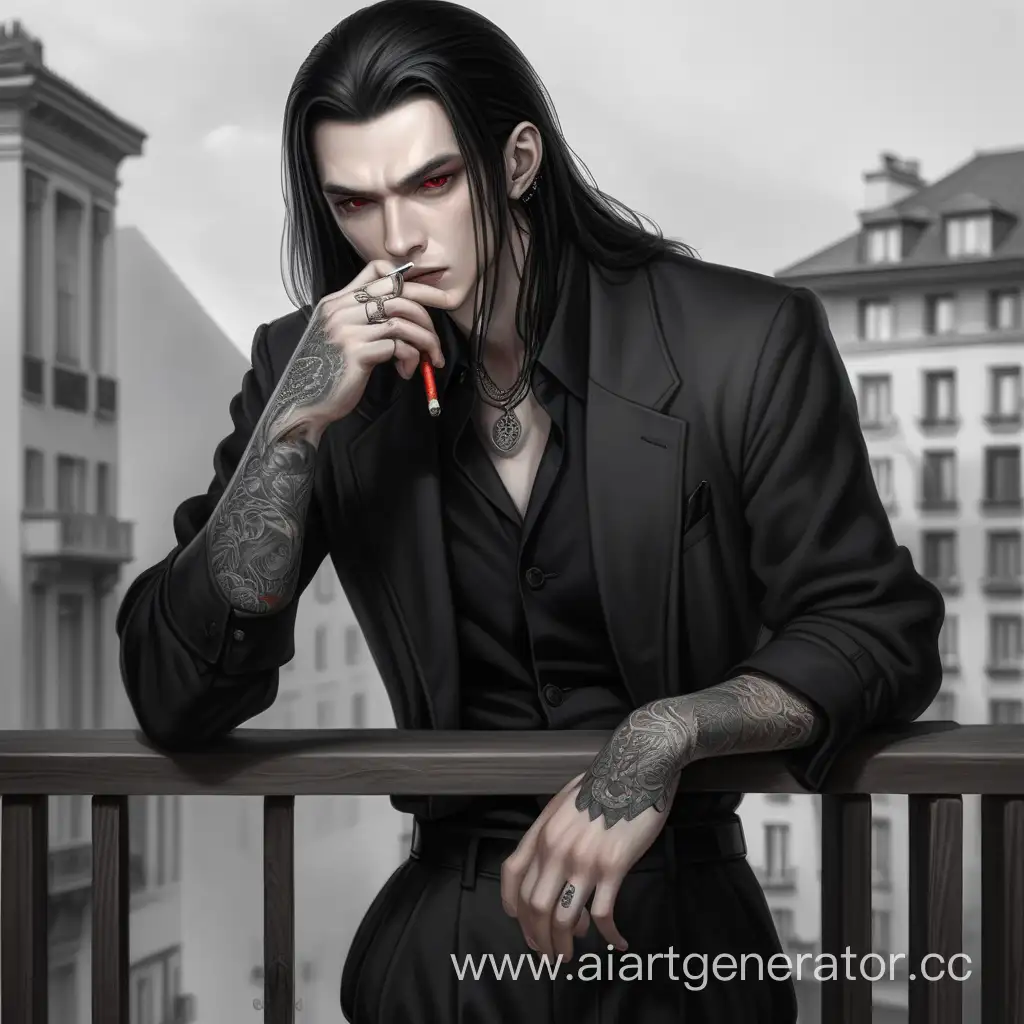 man 30 years old, pale skin color, height 169 centimeters, weight 40 kilograms, wiry, long black hair down to the waist, hair, red emotionless eyes looking into the soul. Classic clothes, black shirt, black shorts, ankle boots, long black ankle-length coat. Tattoo on the right hand, standing on the balcony, leaning his elbows on the railing, smoking a cigarette 