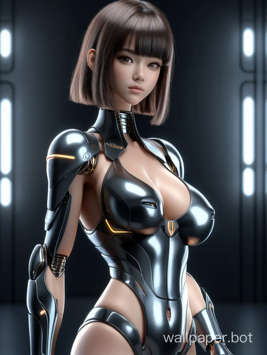she stands exactly in full height, the female form of an android, age 40+, big boobs + deep neckline, large brunette hair, an ordinary beautiful girl, the body of an android, the color is matte black + technological details joints, an oboe-like body shape, but made of black plastic, arms and legs are qualitatively drawn, the background is gray smooth, 3d model, rendering, this an image with high-resolution photographs taken using an 85 mm lens to obtain an attractive angle (high quality of the face) (best shadows), complex details, cinematography, characteristics, dynamic shadows, the required level of detail {high} with a resolution of {4K}, highlighting {sharp facial features and stylish clothes}, beautiful lighting, photography in RAW format, 8k uhd, film grain, ((bokeh)) full body image
