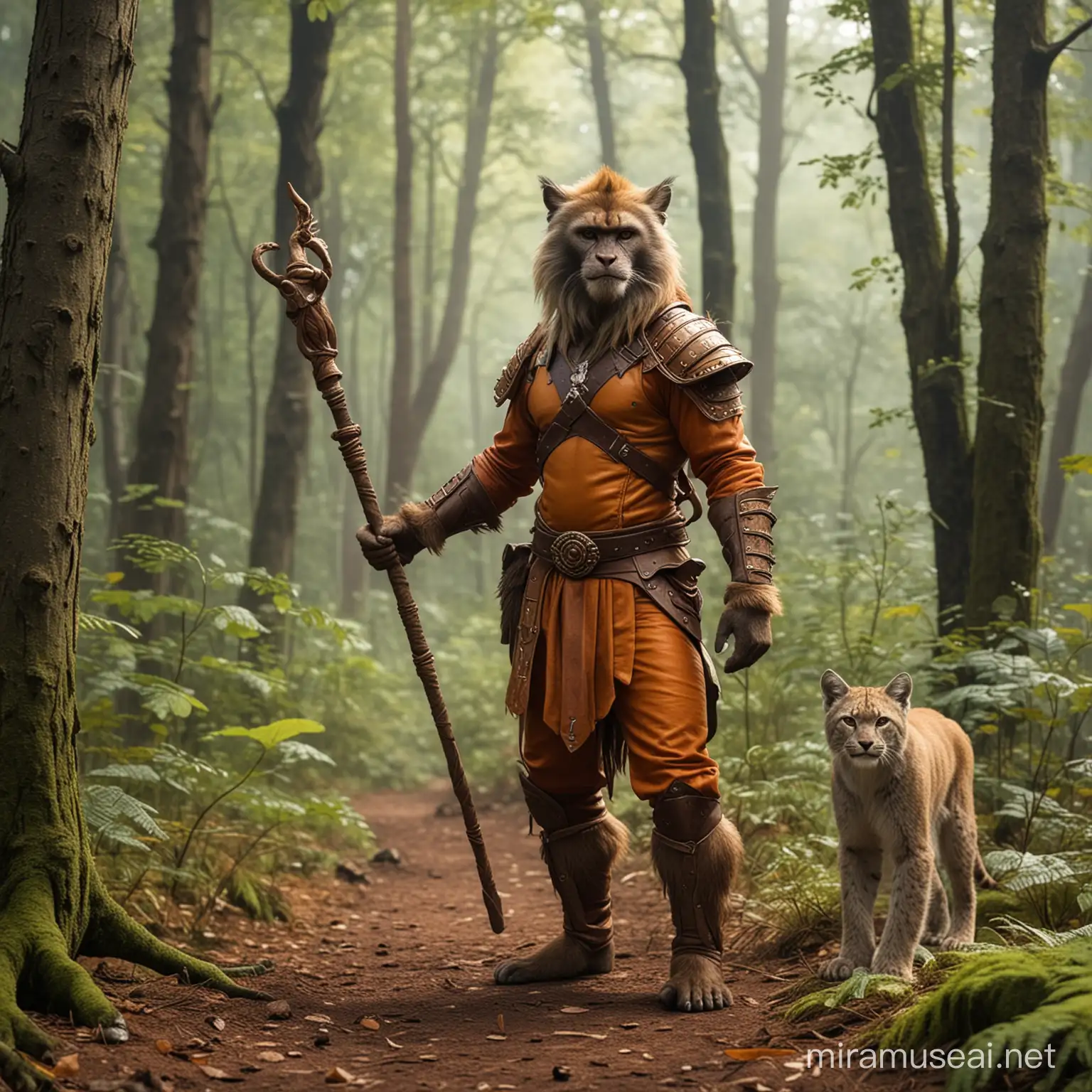 Brown Monkey Man with Orange Leather Armor Holding a Staff in Forest Encounter with Lynx