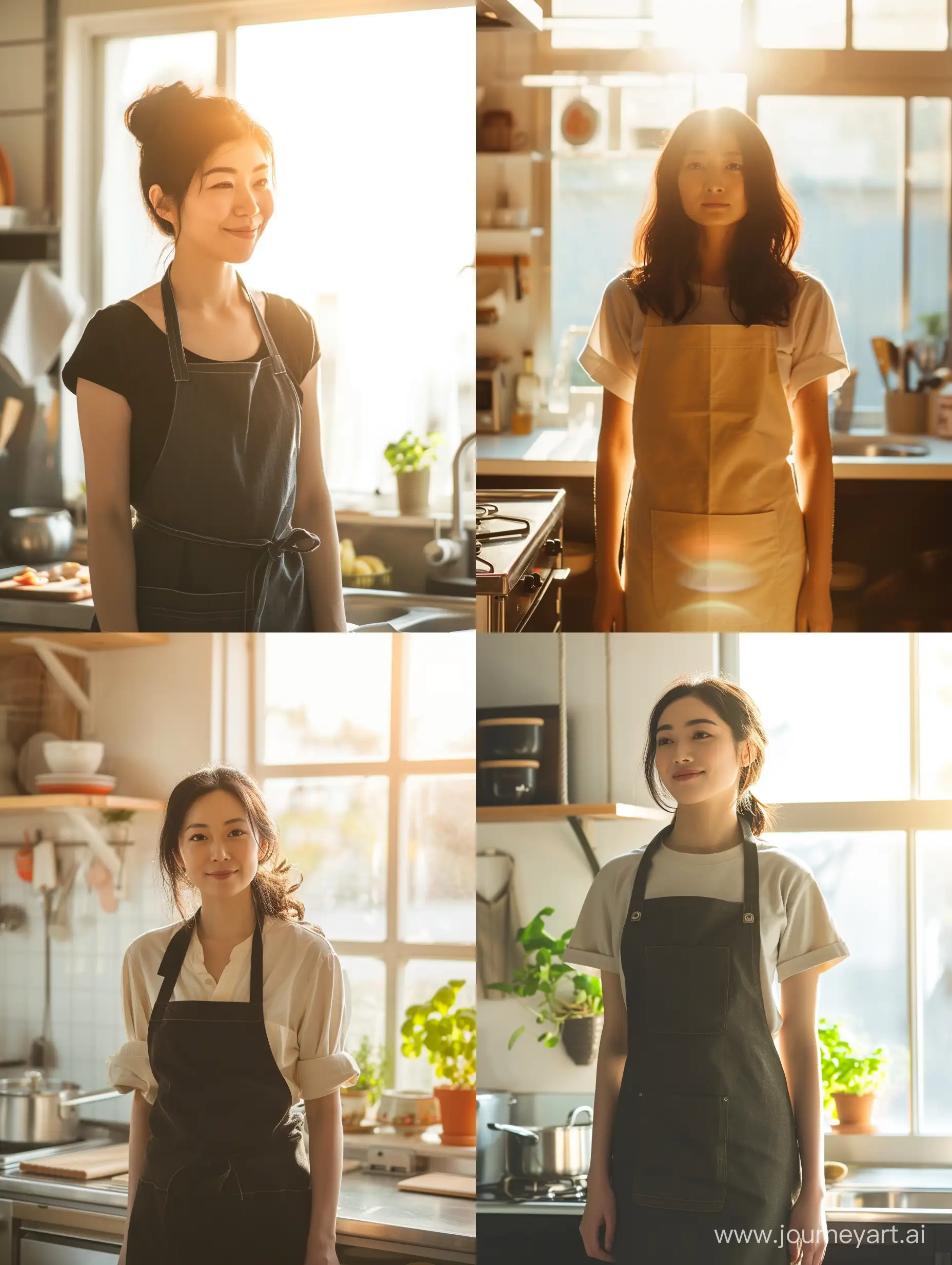 美しい日本人女性がエプロンをしてキッチンに立っている。全身が写っている。お昼前の明るいキッチン。
