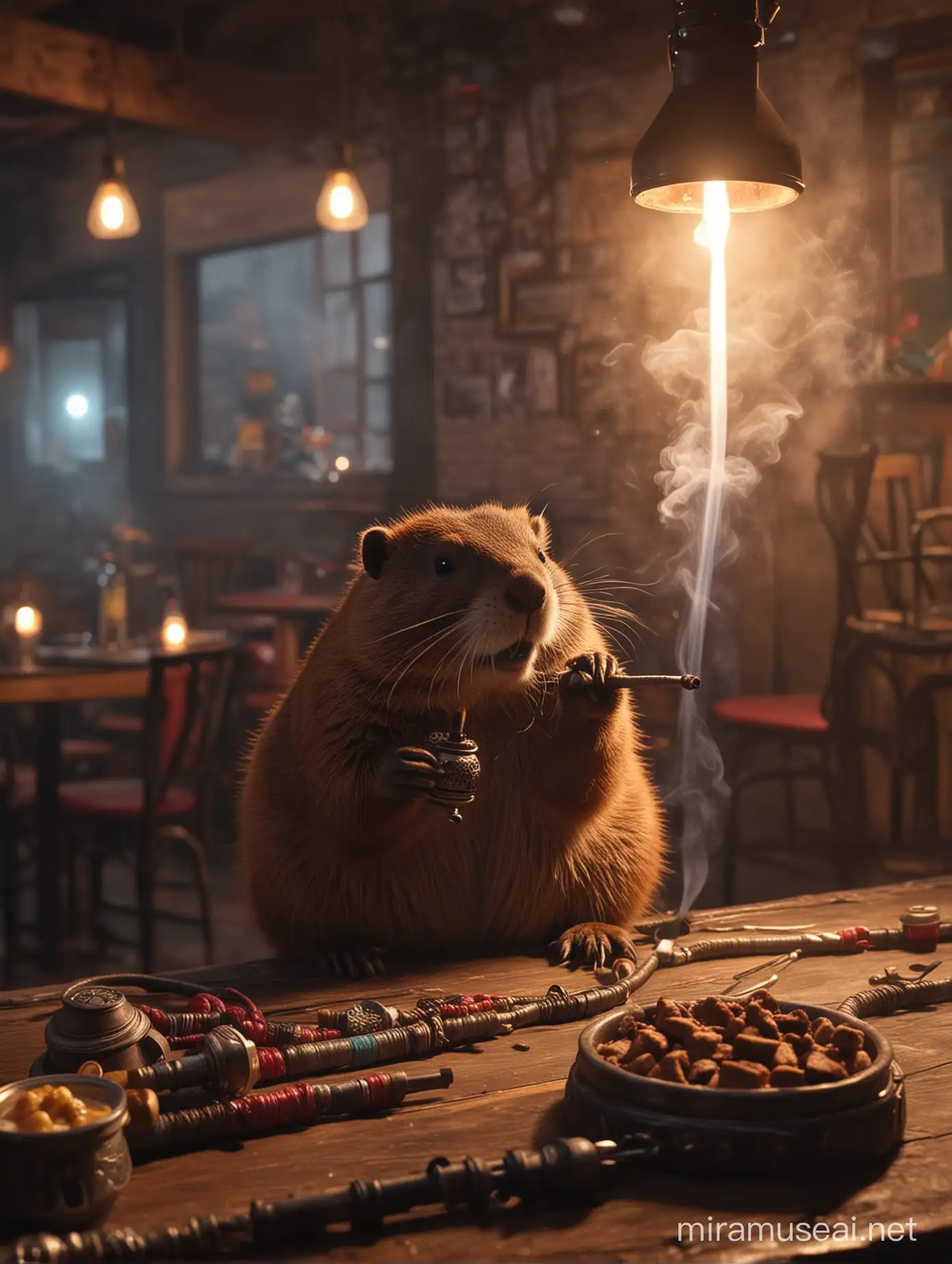 Relaxed Beaver Smoking Hookah in Cozy Restaurant Ambiance