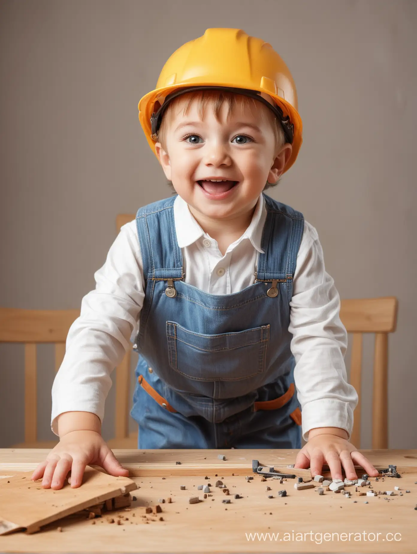little happy boy in construction clothes and cap playing at the table