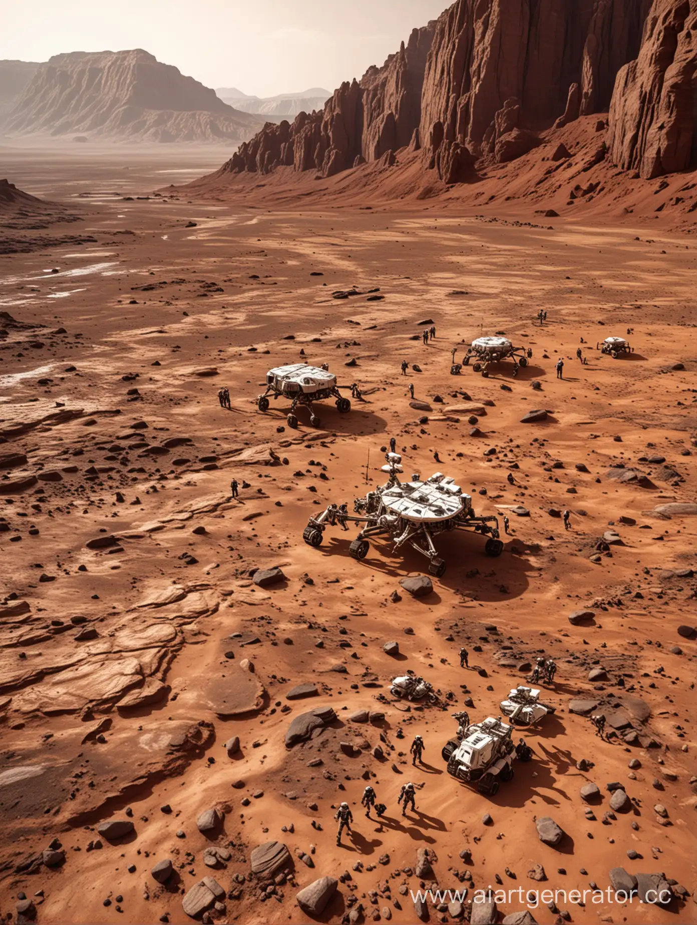 Поверхность Марса с колонией колонизаторов в пересохшем русле реки