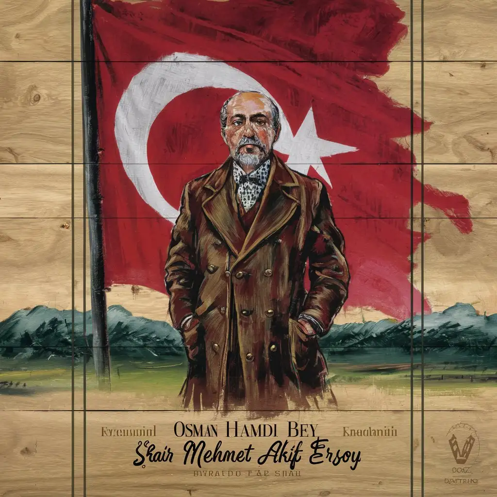 I want a portrait of the poet Mehmet Akif Ersoy standing in front of the Turkish flag, painted on canvas using the oil painting technique by the artist Osman Hamdi Bey.