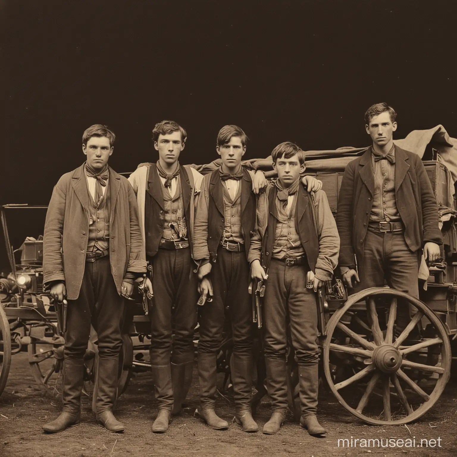 Five Brothers with Guns by a Wagon in the Night 1800s