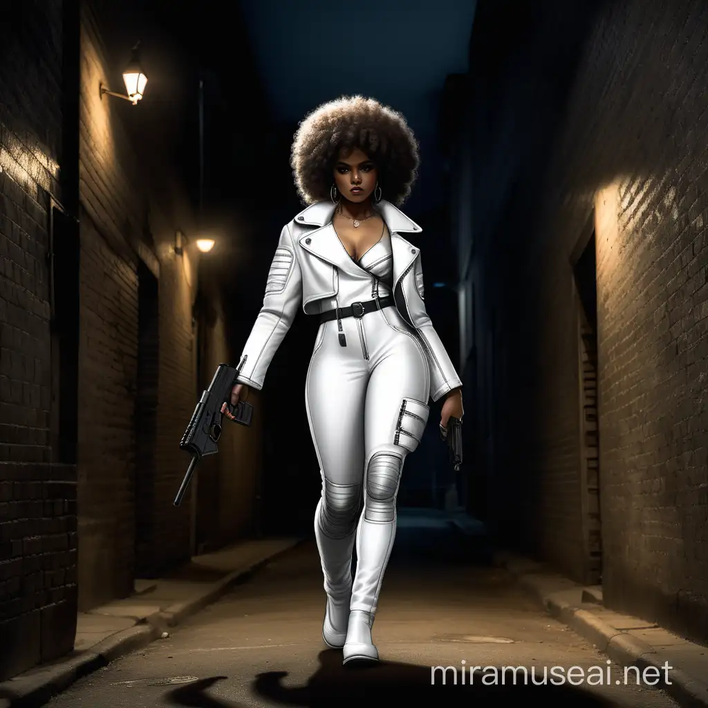 African American Woman with Curly Afro in White Biker Suit Walking Down Dark Alley with Gun
