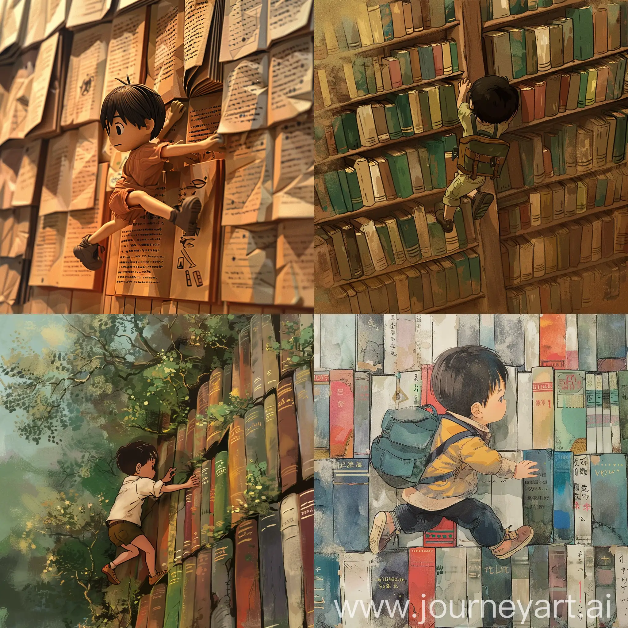child climbing a wall of book in the style of miyazaki