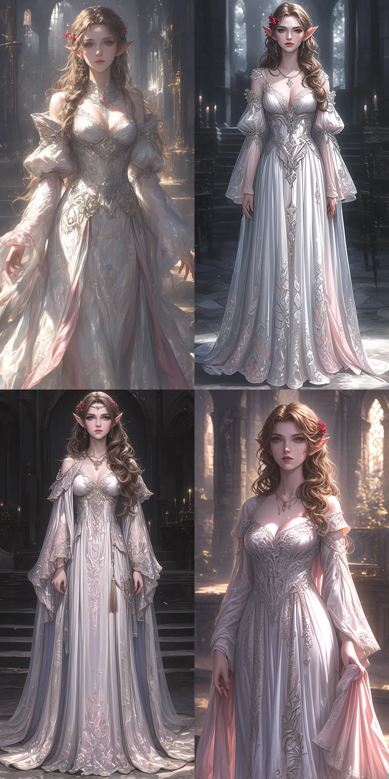 femme elf , cheveux brun et chatin , porte robe elfique blanche matte avec de fin detail rose et argenté , manches amples , jupe longue et ample . séduisante , dans une salle de bal d'un château très ancient , une fleure rouge dans les cheveux , high detail --ar 1:2 --stylize 750 --niji 6