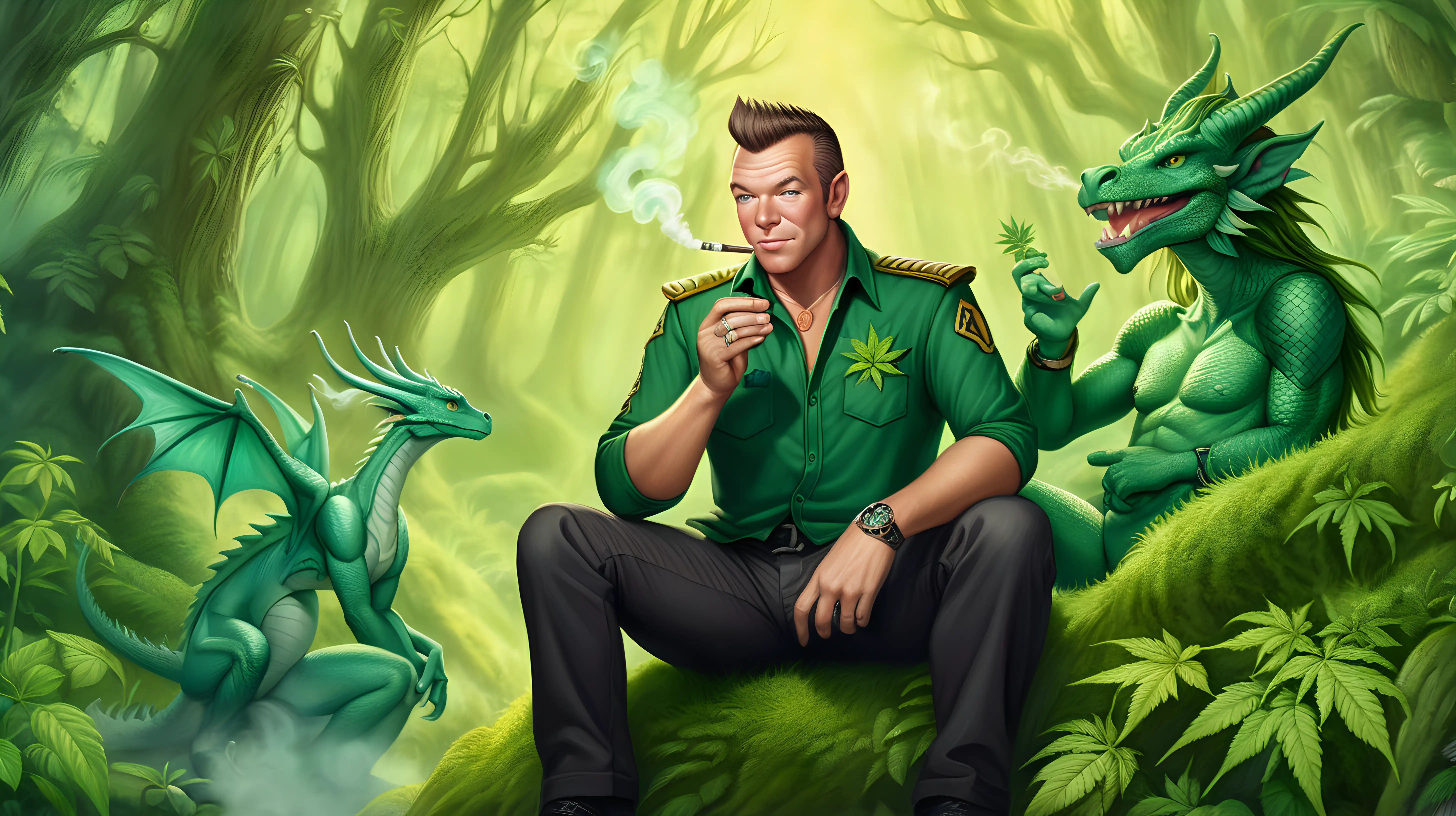 a man sitting on top of a lush green forest having a smoke break, hatched pointed ears, character splash art, tatoo, group portraits, boy, as an anthropomorphic dragon, shatner, exotic fey features, breeding, two pointed ears,cannabis, 