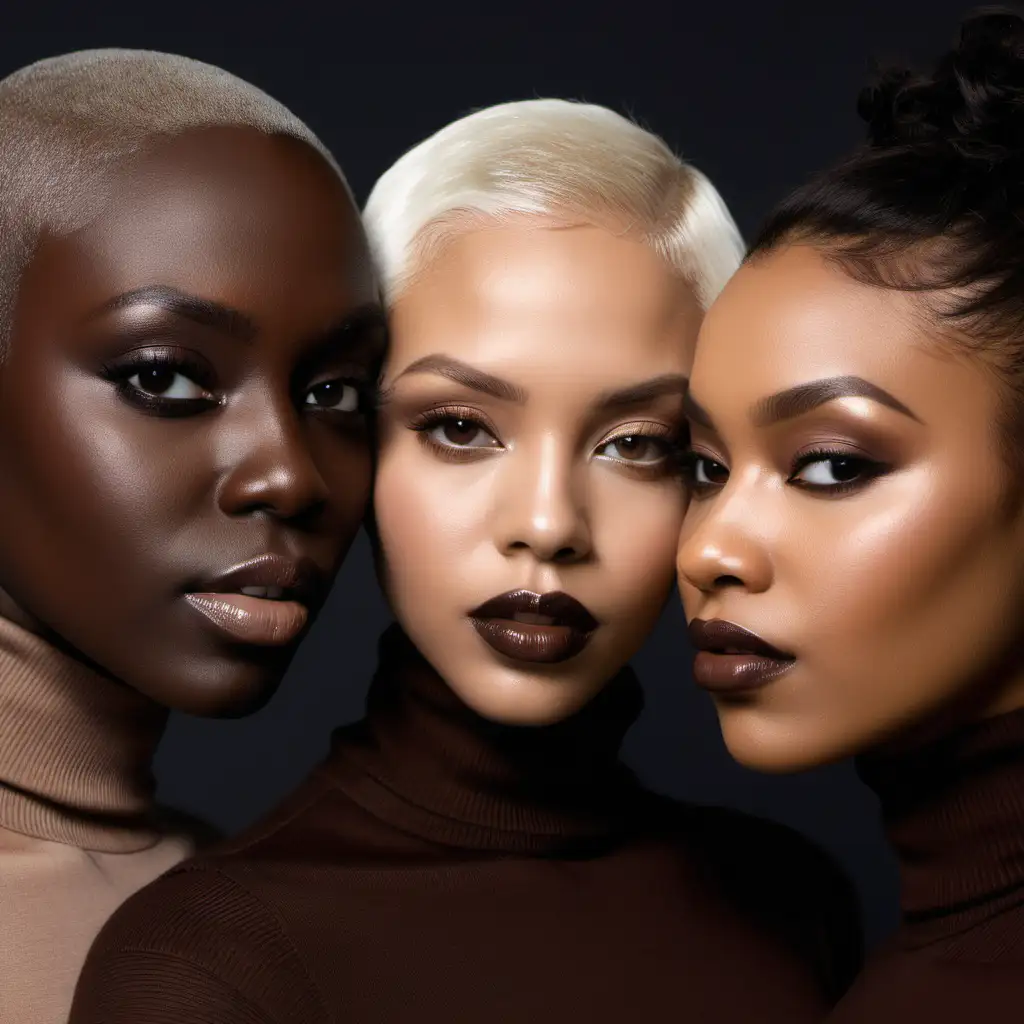 Three beautiful dark brown skin black women wearing platinum blonde bald hair. They are modeling a chocolate brown turtleneck tops. Wearing a soft pretty makeup look. One woman is wearing a chocolate colored dark lip gloss. Other two women are wearing a nude colored lip gloss.