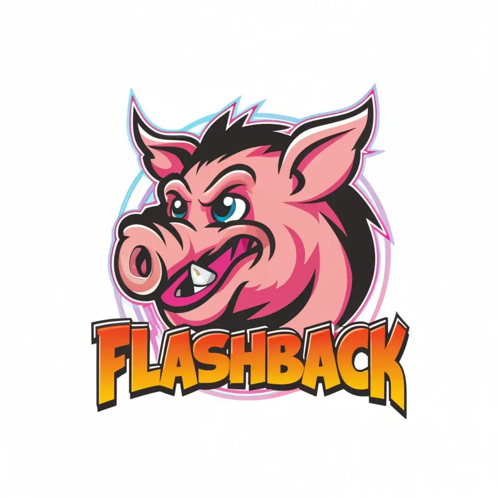 logo, create a crazy pig ,80s style, vector, sharp outline, no jagged edges, bright vibrant Neon colors, Contour, narrow black outlined image, very sharp lines , white  Background, highly Detailed, large image, with the text "Flashback", typography
