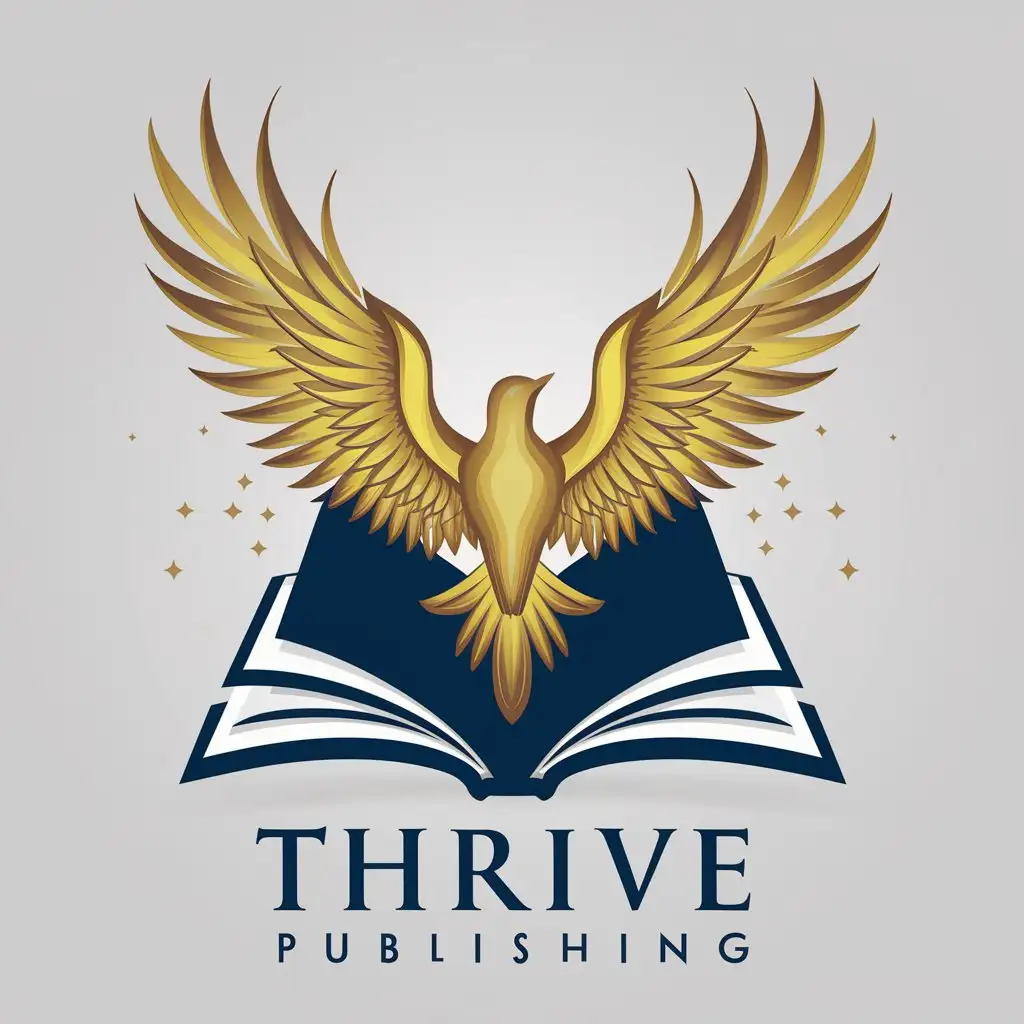 Create a flat vector, illustrative-style abstract concept logo for 'Thrive Publishing', featuring a stylized book that transitions into a bird taking flight from its pages. This symbolizes the liberation and growth achieved through learning. Colors used are navy blue for trust and gold for success.