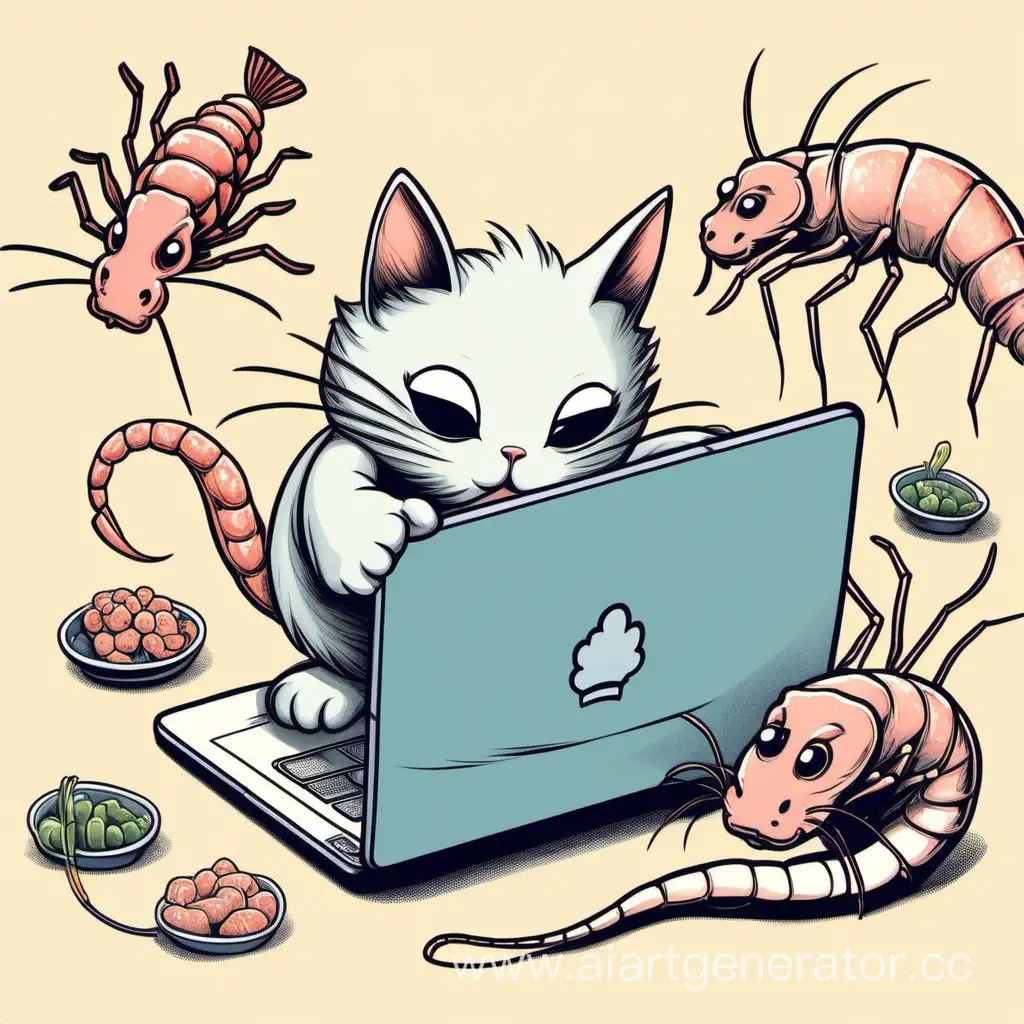 Playful-Cat-and-Royal-Shrimp-Engage-in-Cartoon-Laptop-Adventure