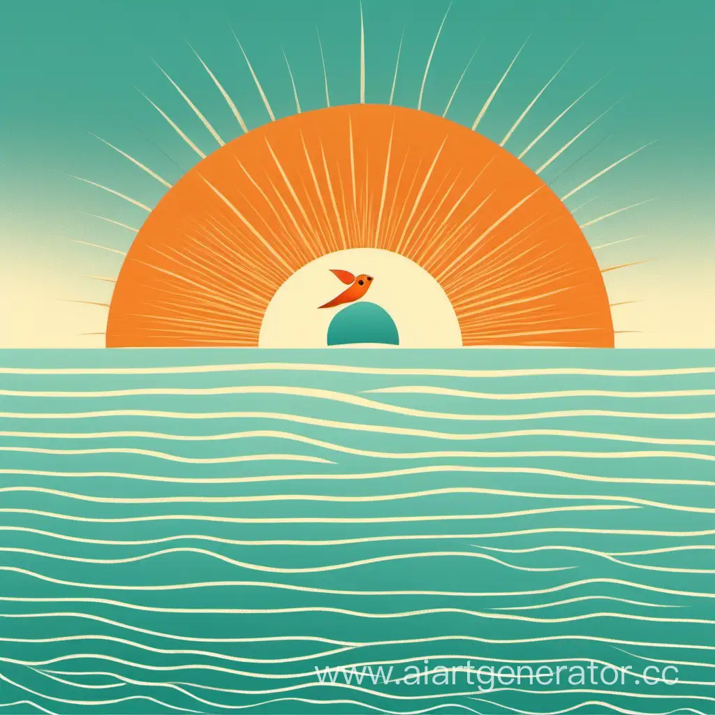 Minimalist-Sun-and-Sparrow-Seascape-Postcard-in-Blue-and-Orange