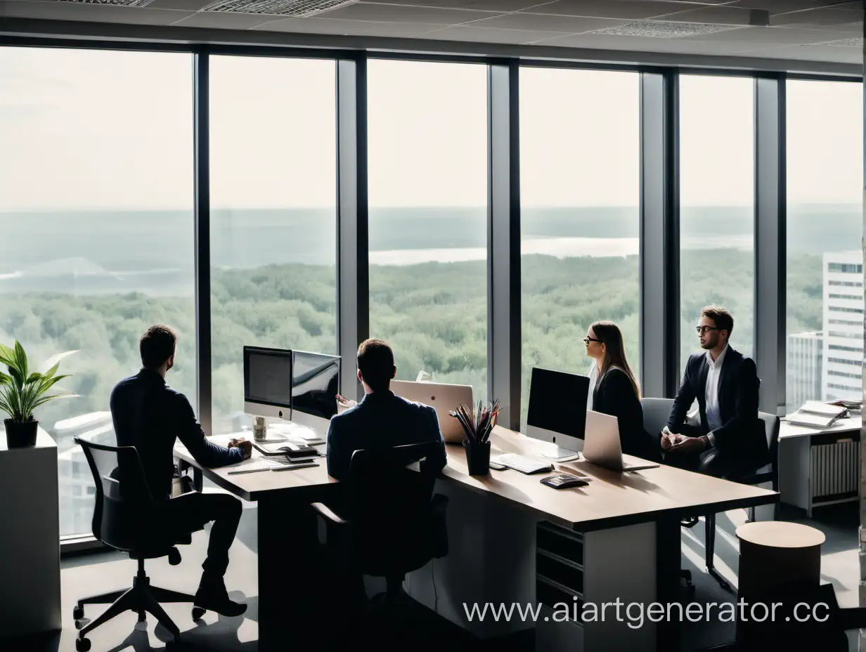 company office with employees and a good view from the window