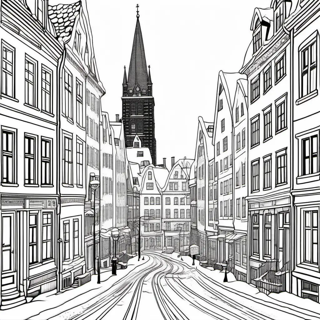 highly detailed winter coloring page for adults deserted copehnagen street scene black and white no cars no vehicles steeple in distance center






