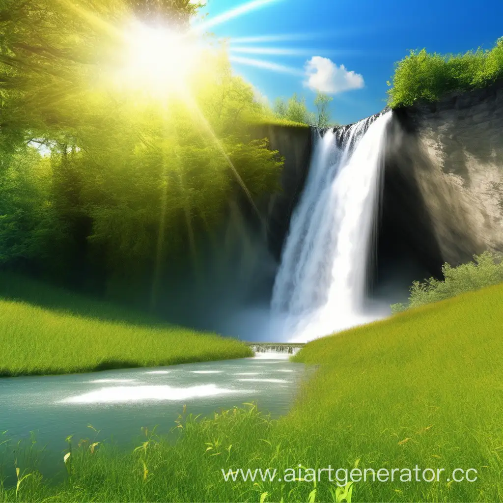 A beautiful waterfall under the open sunny sky in the meadow