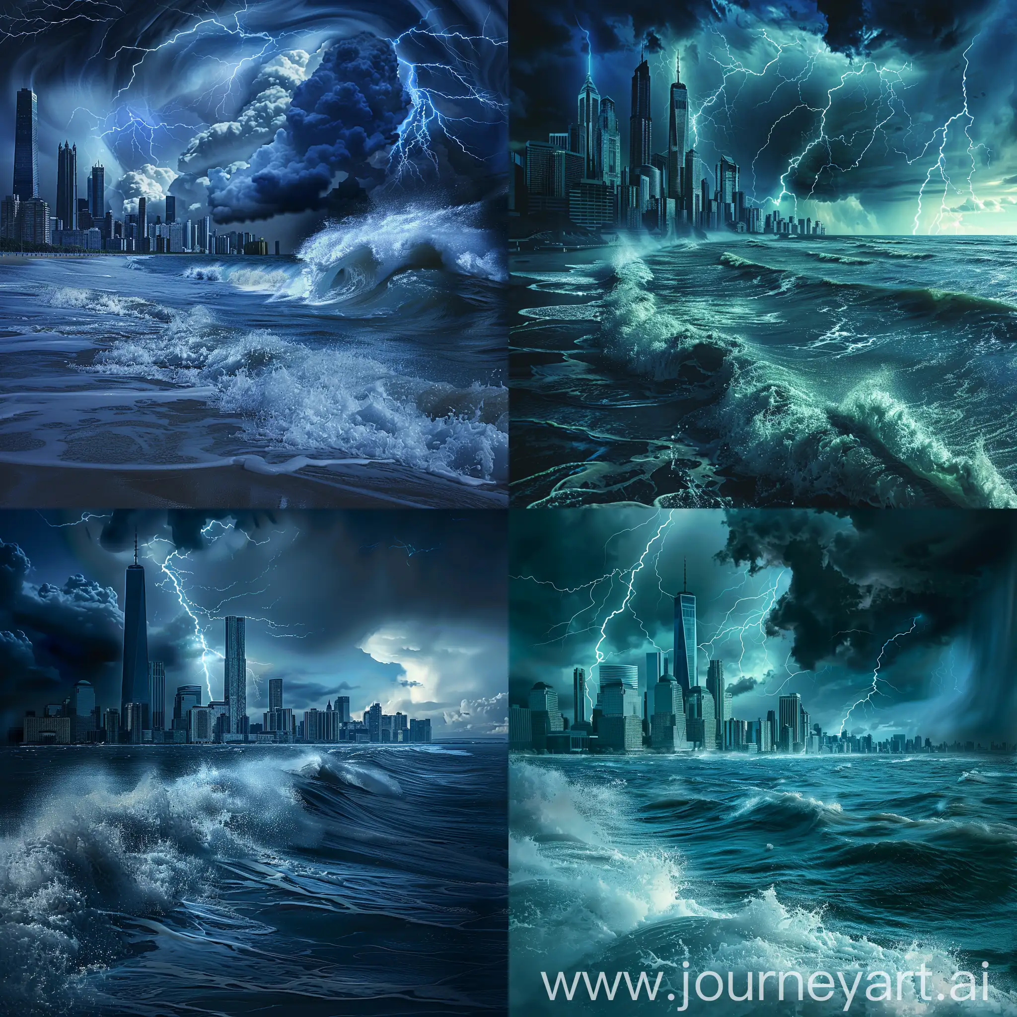 open ocean, storm, thunderstorm, lightning flashes, dark torn sky, huge tsunami waves coming, skyscrapers looming over the coast