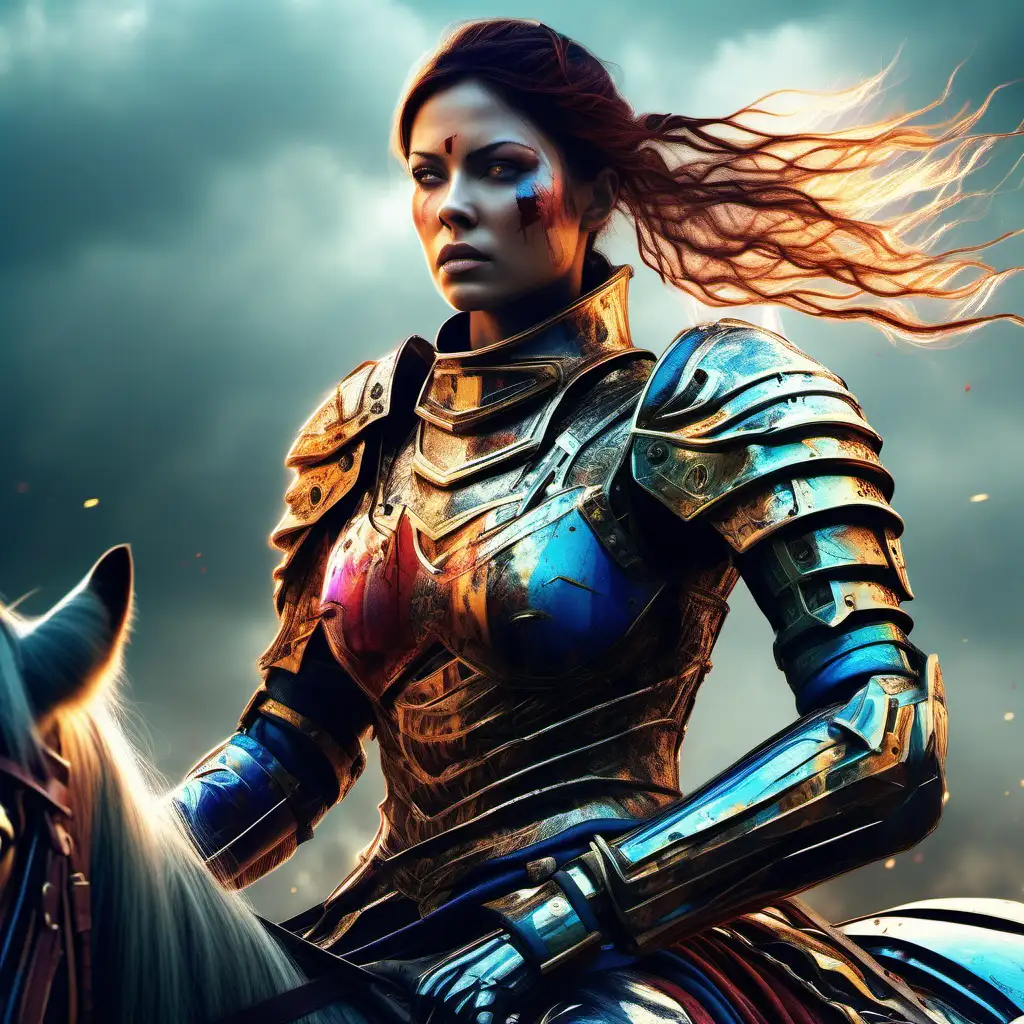 A close up of a futuristic female warrior on horseback, she is wounded but brave and she will never give up, she waits for the enemy, patience and determination but above all courage and will to win, battlefield, vivid colors 