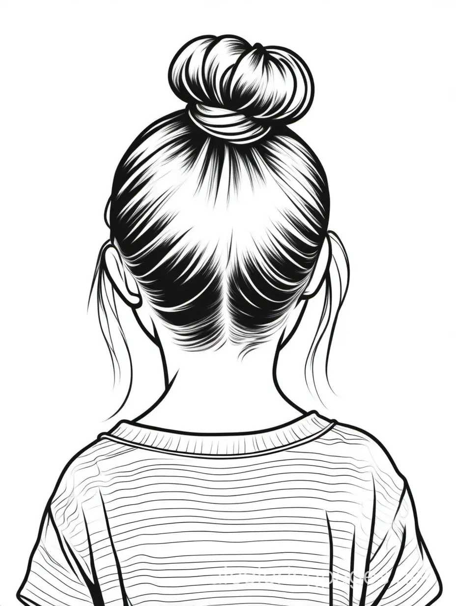 tween GIRL with a messy bun from behind, Coloring Page, black and white, line art, white background, Simplicity, Ample White Space. The background of the coloring page is plain white to make it easy for young children to color within the lines. The outlines of all the subjects are easy to distinguish, making it simple for kids to color without too much difficulty