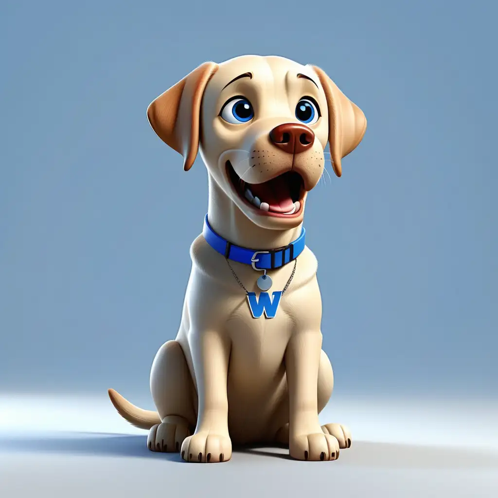 labrador dog in 3d illustration, white background, blue colar on neck with a W on it, pixar style, closed mouth, 100% white background, full body shot


