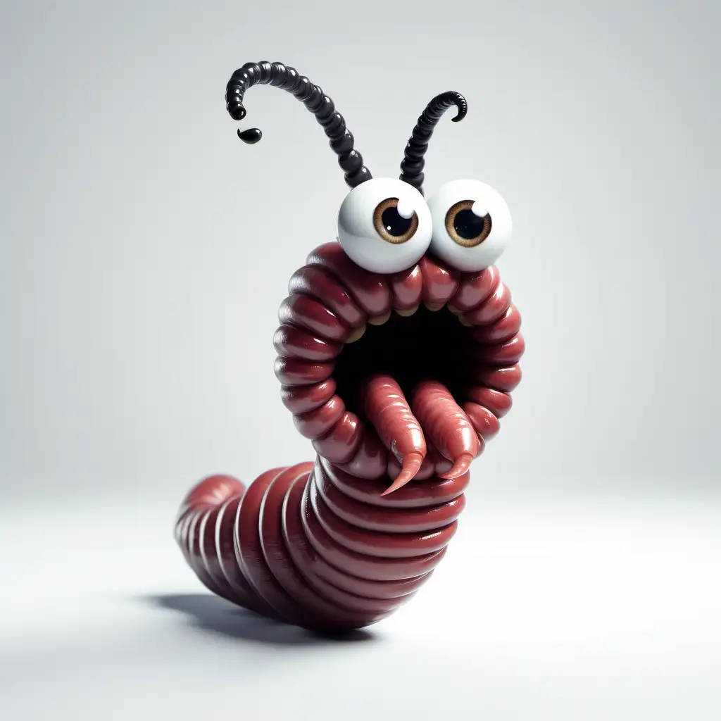 Playful Worm Illustration with Eyes and Mouth on White Background