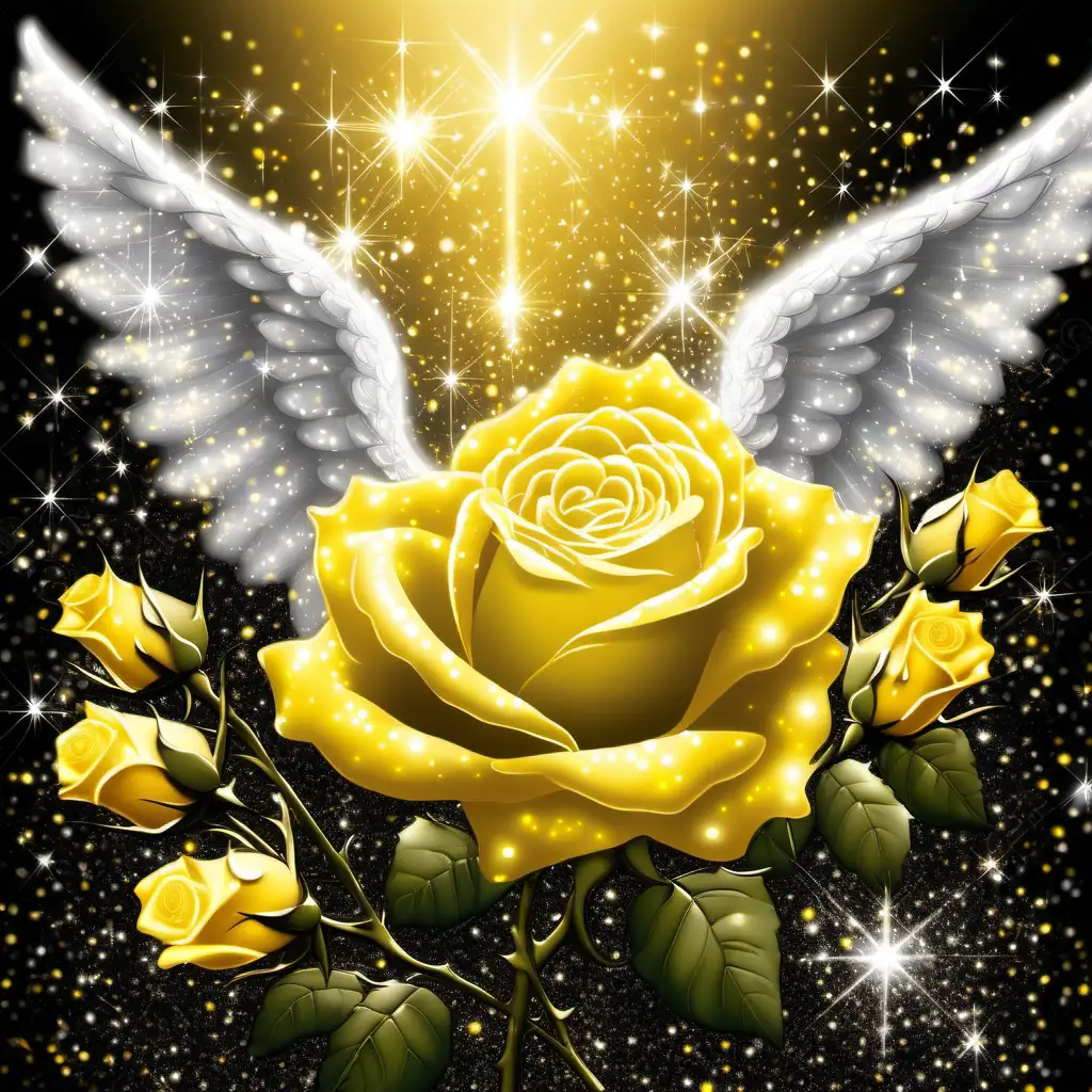 Yellow rose with angel wings, glitter, glowing, sparklecore, yellow, black, white, gold, thomas kinkade, colorspalsh, background