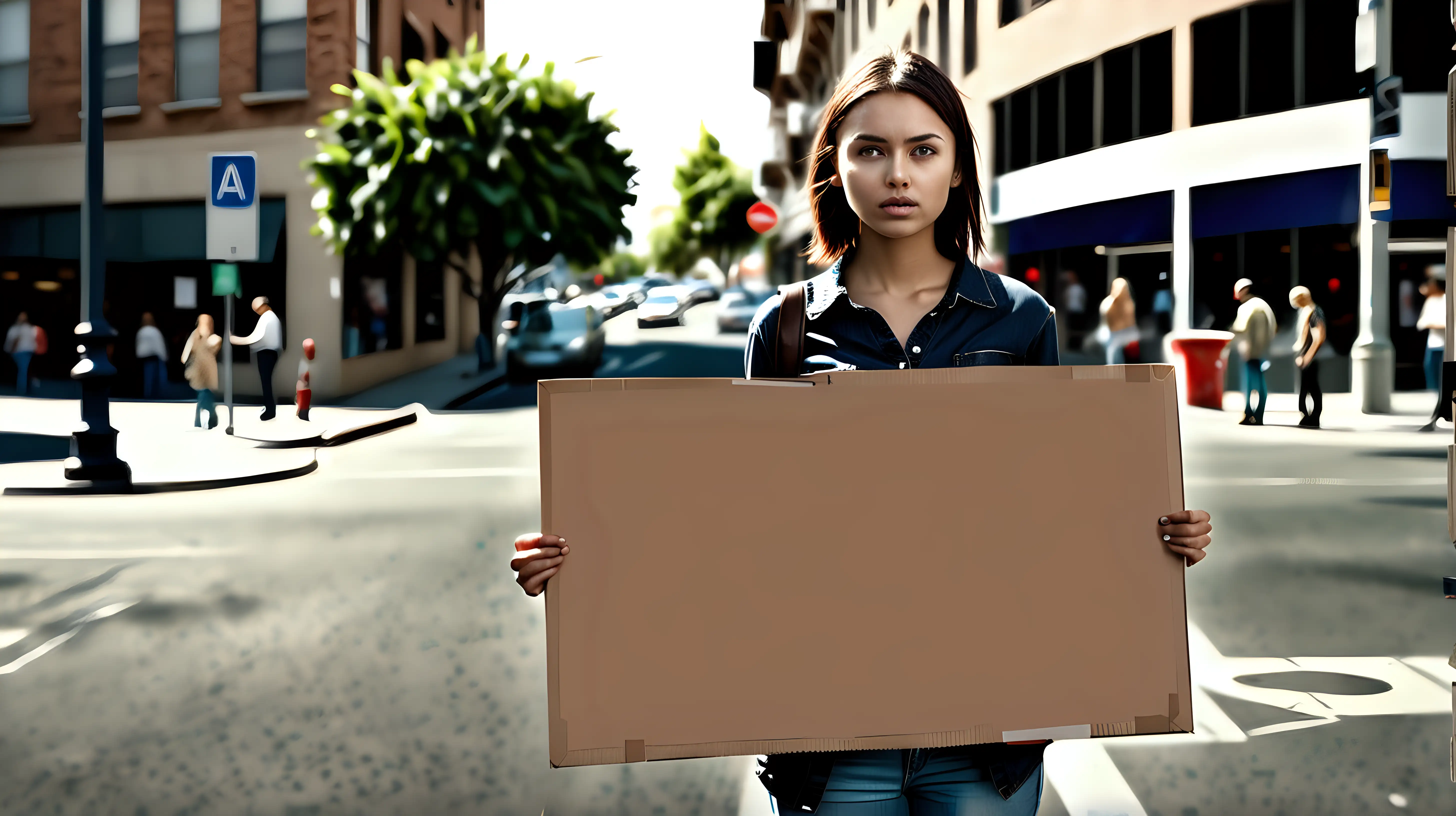 Young Woman Standing on Busy Corner Holding Blank Cardboard Sign