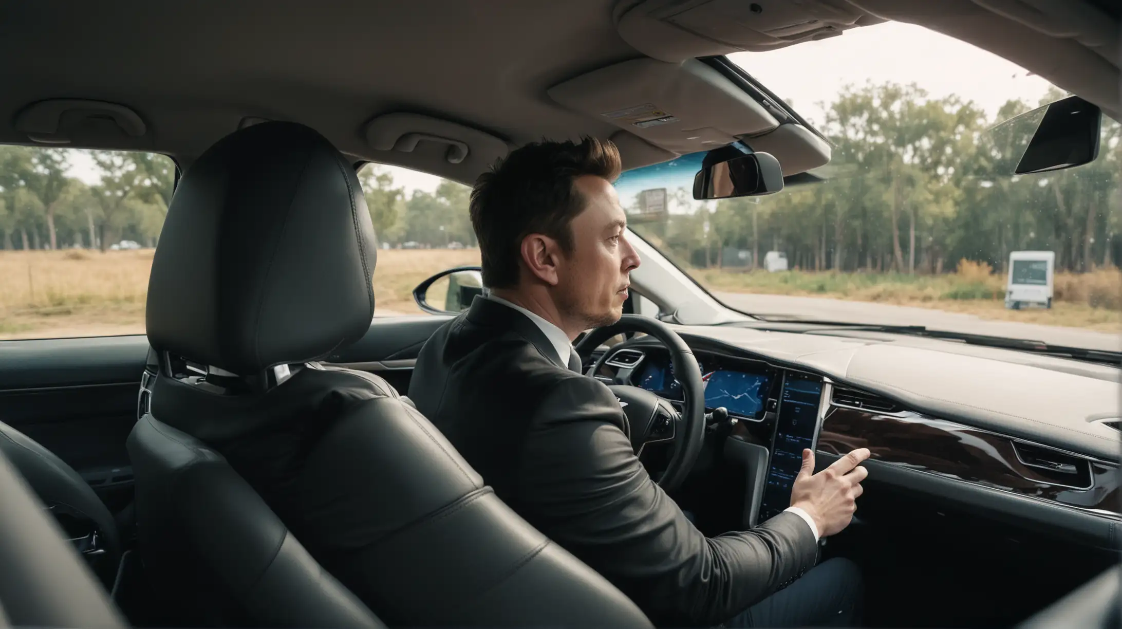 Elon Musk Driving Tesla Back View Face Inside Car Shot