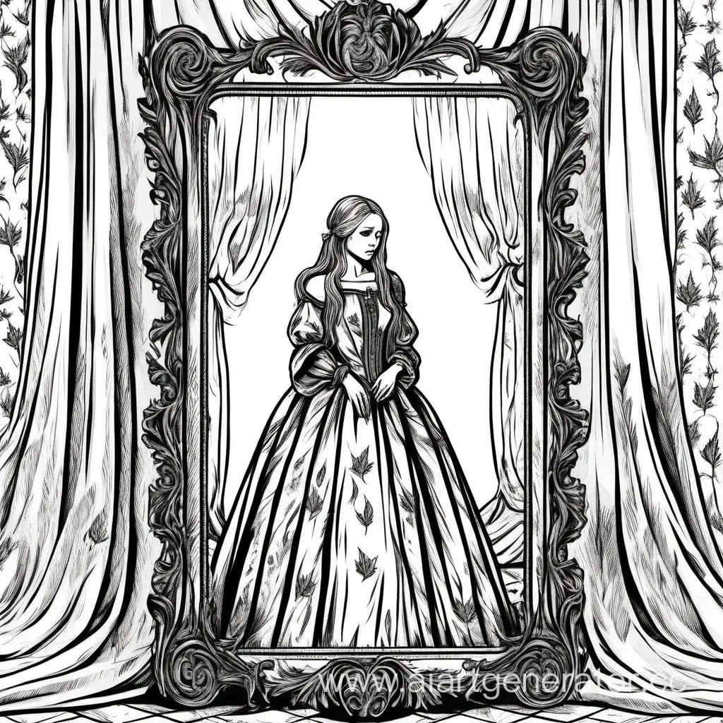 Medieval-Noblewoman-Grieving-Before-LeafPatterned-Mirror