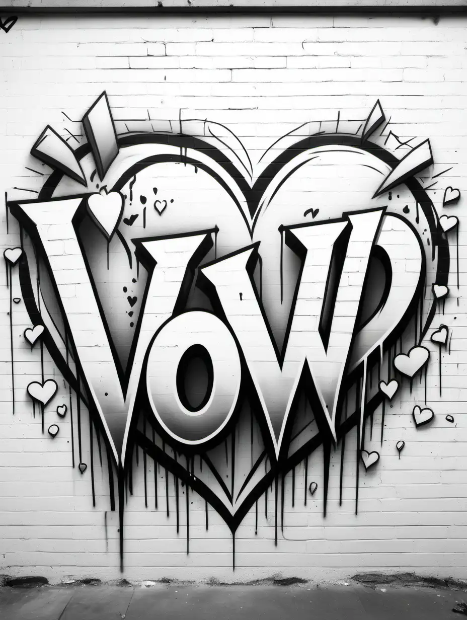 Create a graffiti colouring page, all white , black outline, no colour, graffiti art, with the word V O W, , with broken heart behind Vow, on a wall, no shading, low detail, white background , colouring page, graffiti art style