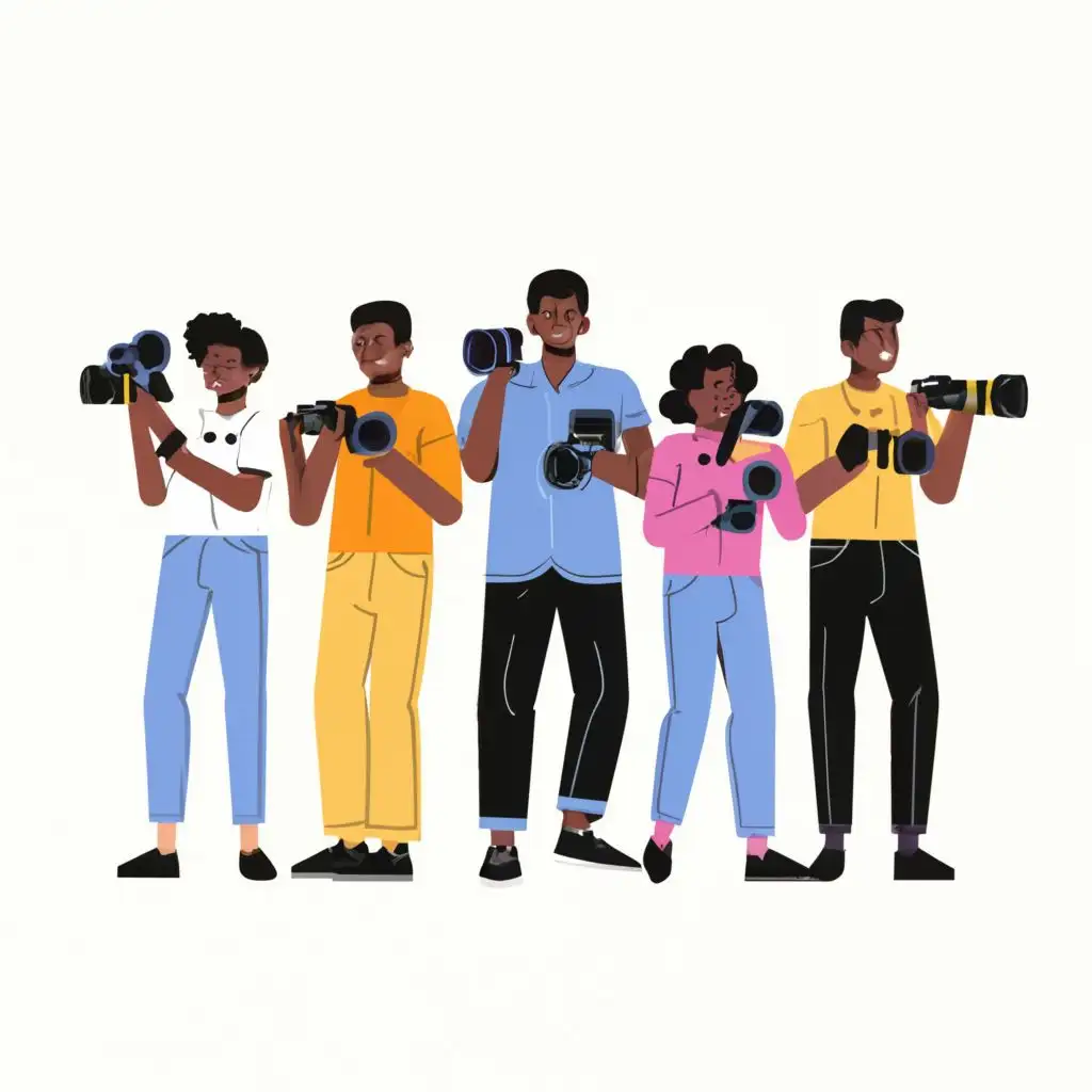 logo, group of African Americans holding cameras, with the text ".", typography