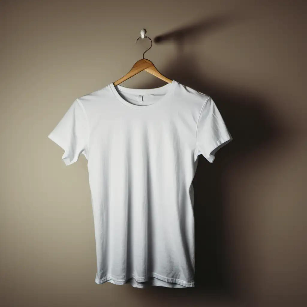 plain tshirt hanging on hanger facing the camera, well lit room, jeans folded