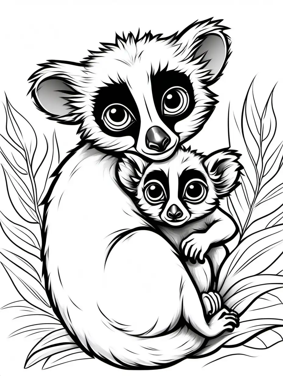 Coloring book, cartoon drawing, clean black and white, single line, in center of aspect ratio 9:16, white background, cute lemur baby clinging to its mother's back.