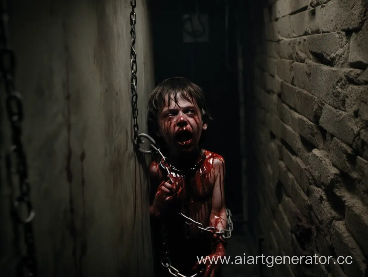 Темно, ребёнок лежит в подвале, он прикован к стене, у него гримаса страха, он в крови