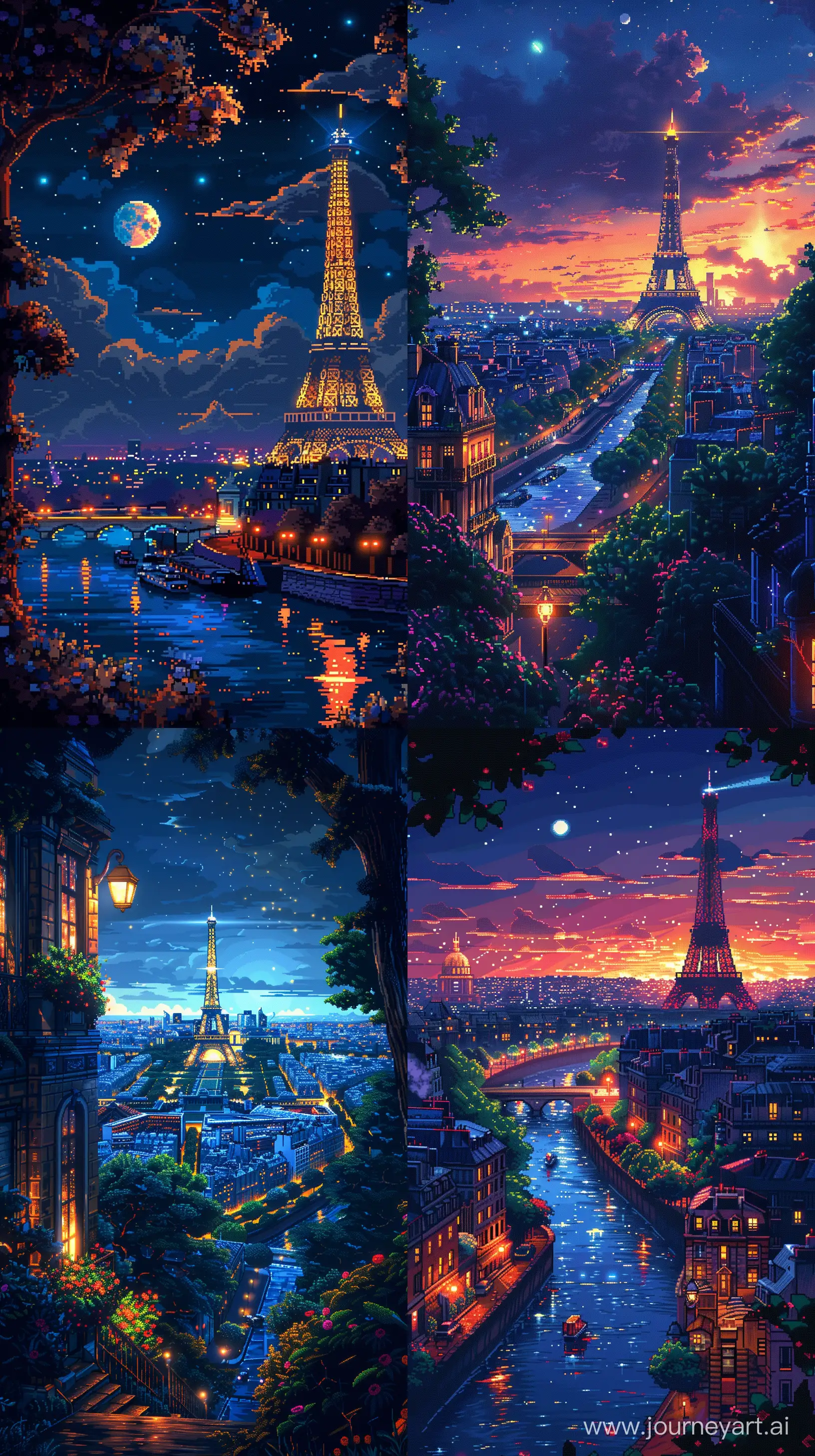 Paris City View Illustration in 8-bit Pixel Art Style, Night Time, Retro Color Details, Extremely Details --s 500 --ar 9:16