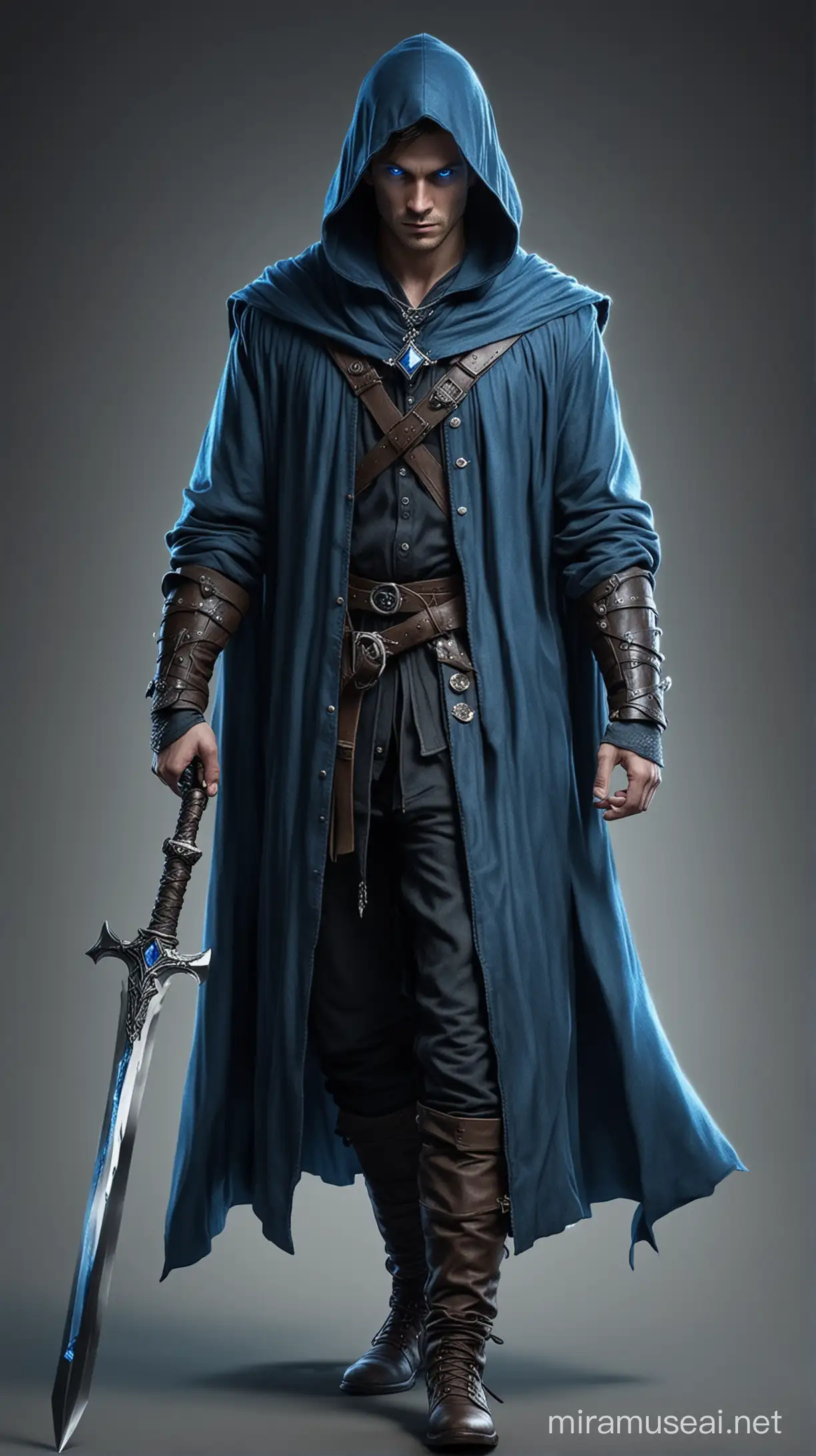 Create a magician medieval warrior with dark blue cloak. He has big blue enchanted diamond-like sword. His face is not looking very well in the shadow but his blue eyes are clear. He is walking toward to kill you. Make him without hoodie and his hair is white