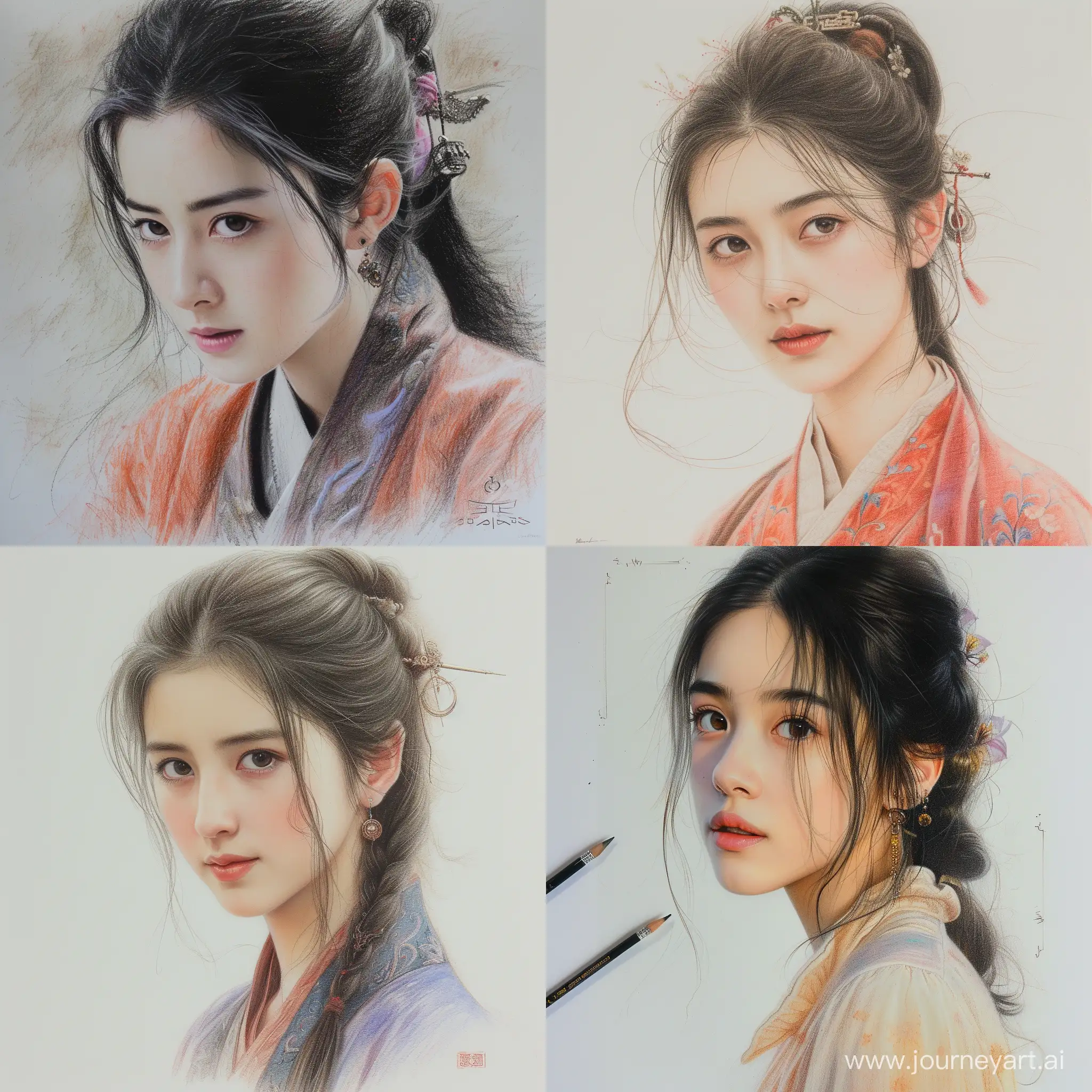 [Portrait of a happy and delighted Chinese young woman wearing an Autumn color hanfu, She is facing forward, Her expression is lively and vibrant, White background, Cinematic lighting] ::1.5 [artwork by color pencil sketch] ::3
