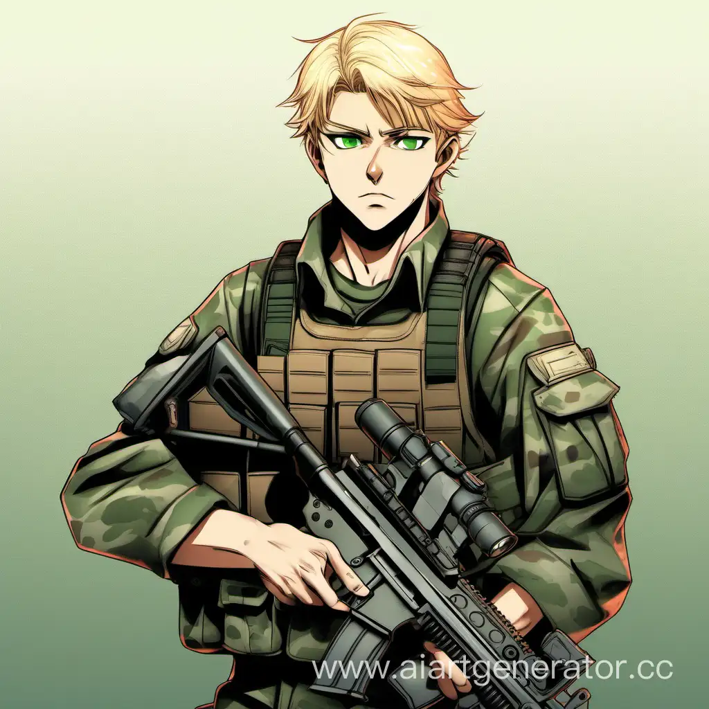 Confident-Young-Man-with-Blond-Hair-Holding-Rifle-in-Camouflage-Uniform