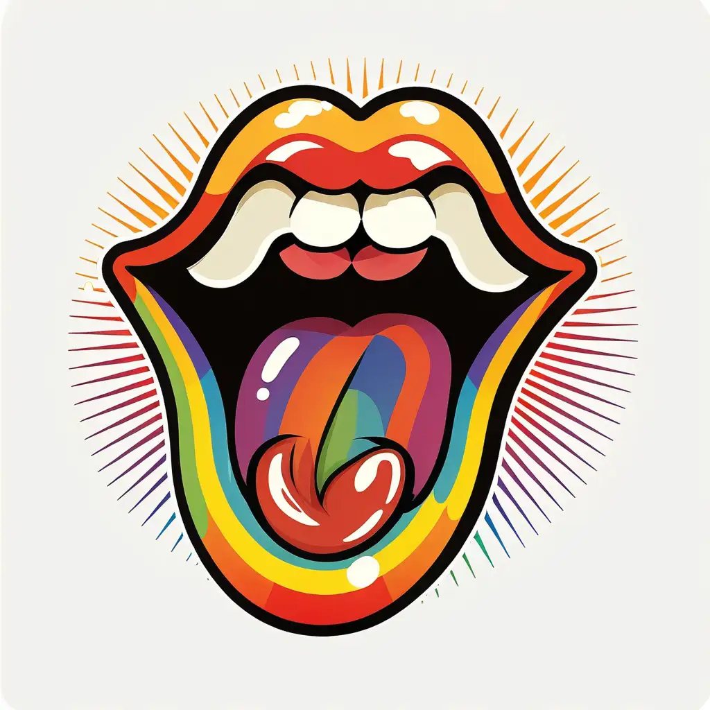 Rolling stones tongue, rainbow retro, white background , cartoon illustration