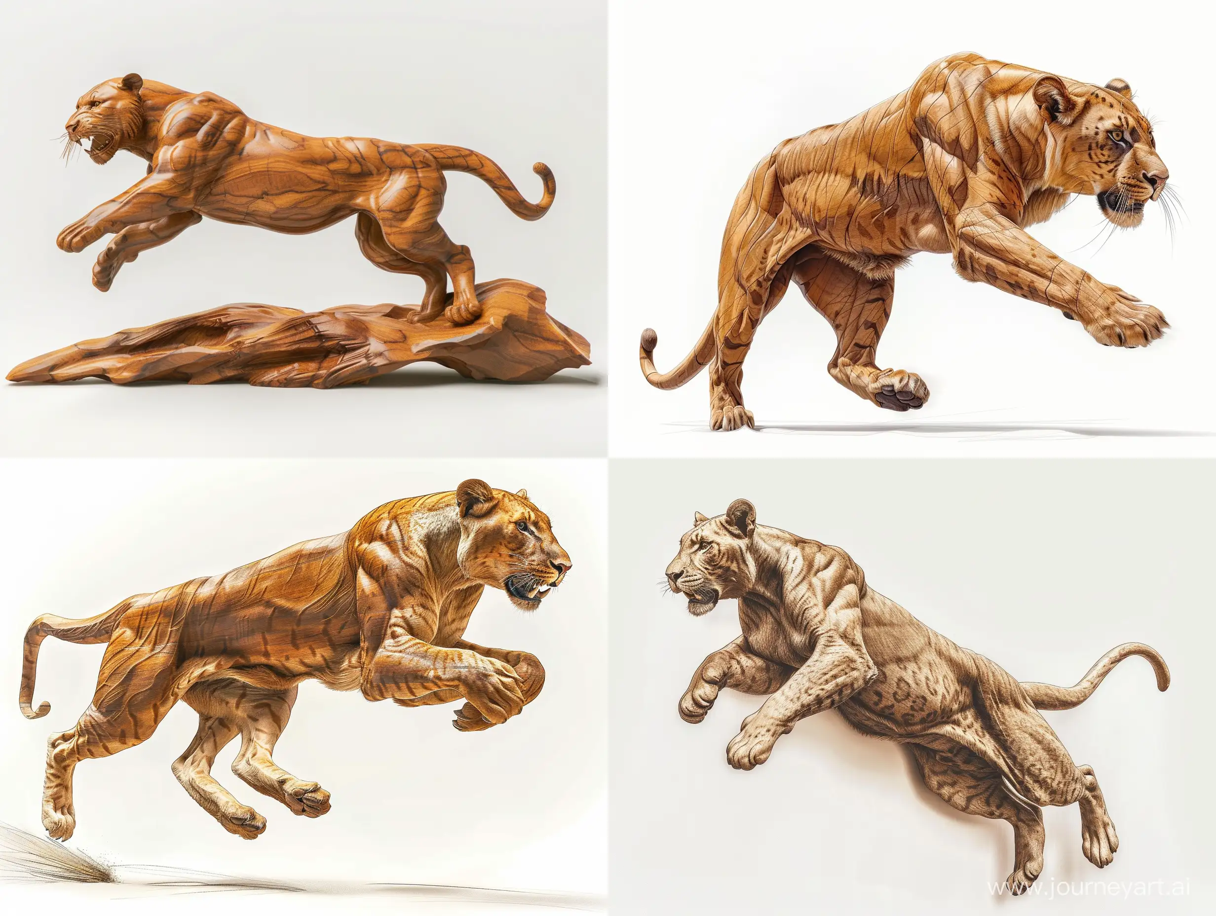 Professional sketch for wooden sculpture, a full-length Panthera leo jumping full-face and in profile, professional dynamic character, front back view and side view, wood carving, white background, 8k Render, ultra realistic