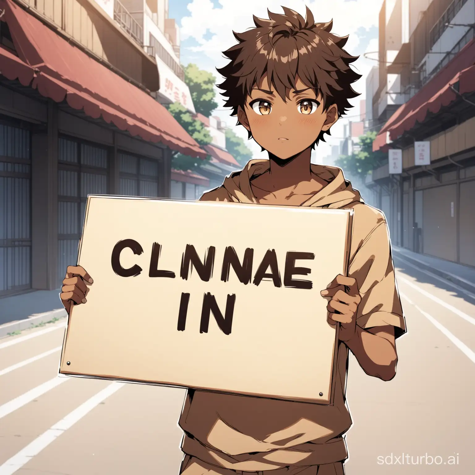 Anime boy with light brown skin color holding a sign