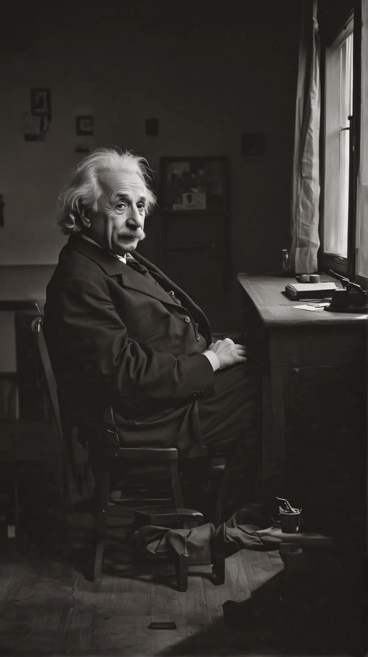 Albert Einstein is sitting in a slightly dark room. You can see objects outside the window
