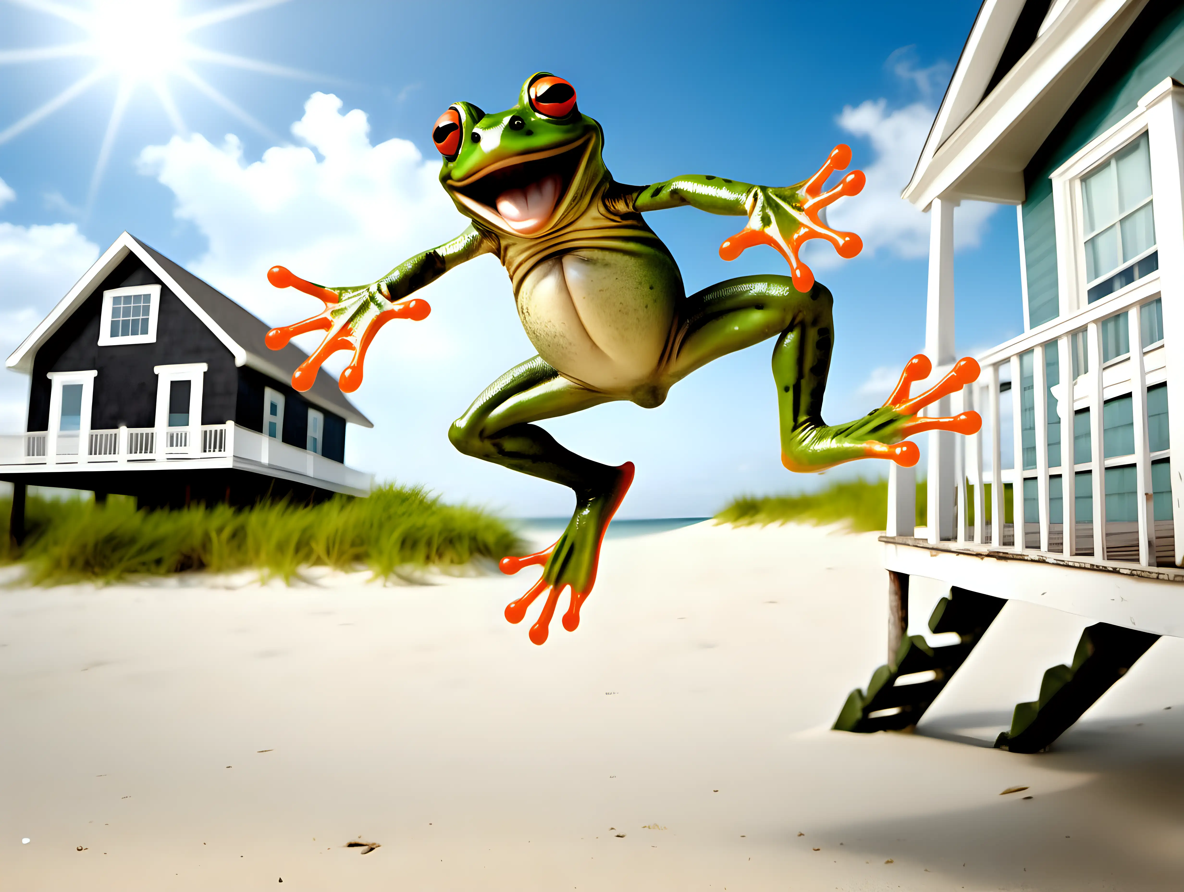 happy leaping frog jumping over a beach house. 