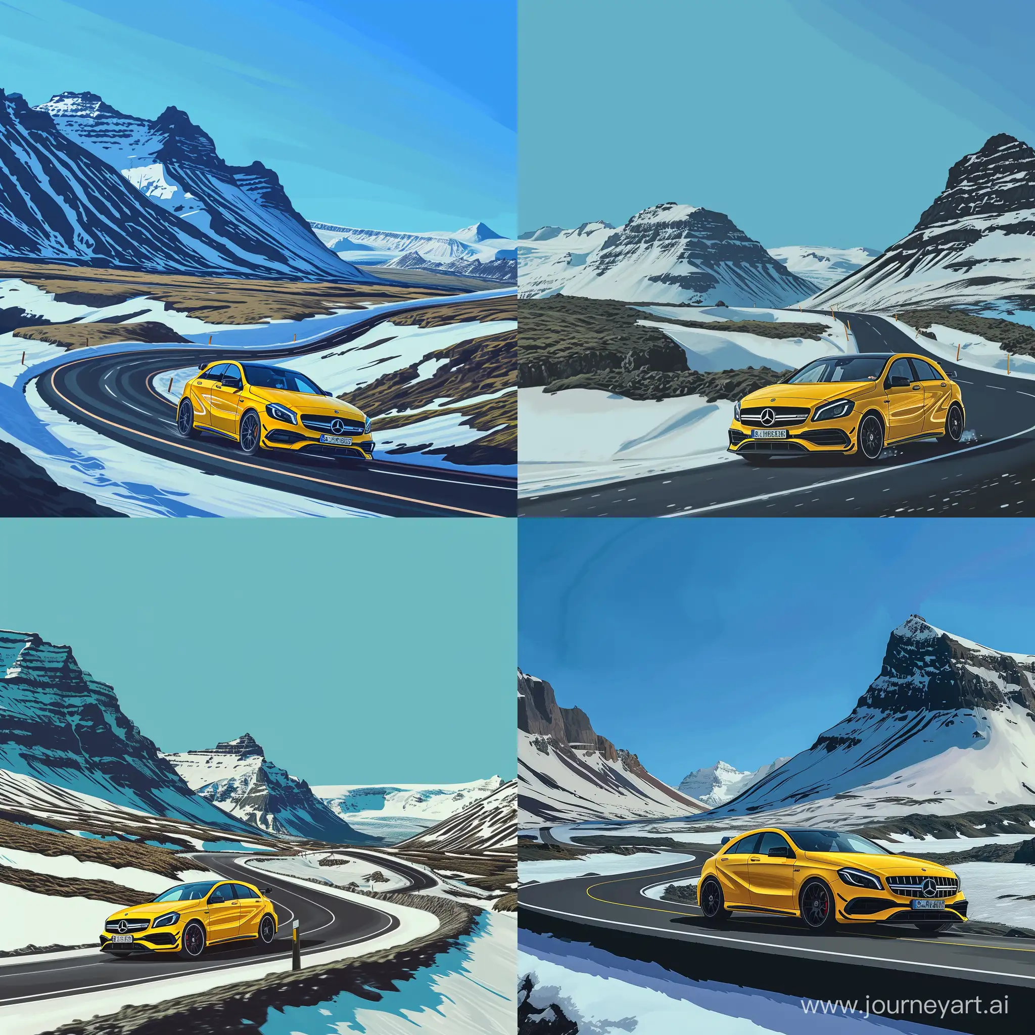 Craft a digital illustration that captures a vividly realistic yellow Mercedes-Benz AMG A45S driving along a winding mountain road in Iceland. The backdrop should feature snow-capped mountains under a clear blue sky. Emphasize the contrast between the car's bright yellow body and the pristine white of the surrounding snow, with sharp, realistic details to highlight the sleekness of the car against the rugged Icelandic terrain. The overall style should be digital painting with a tilt towards photorealism, showcasing vibrant colors and dynamic lighting to bring the scene to life.