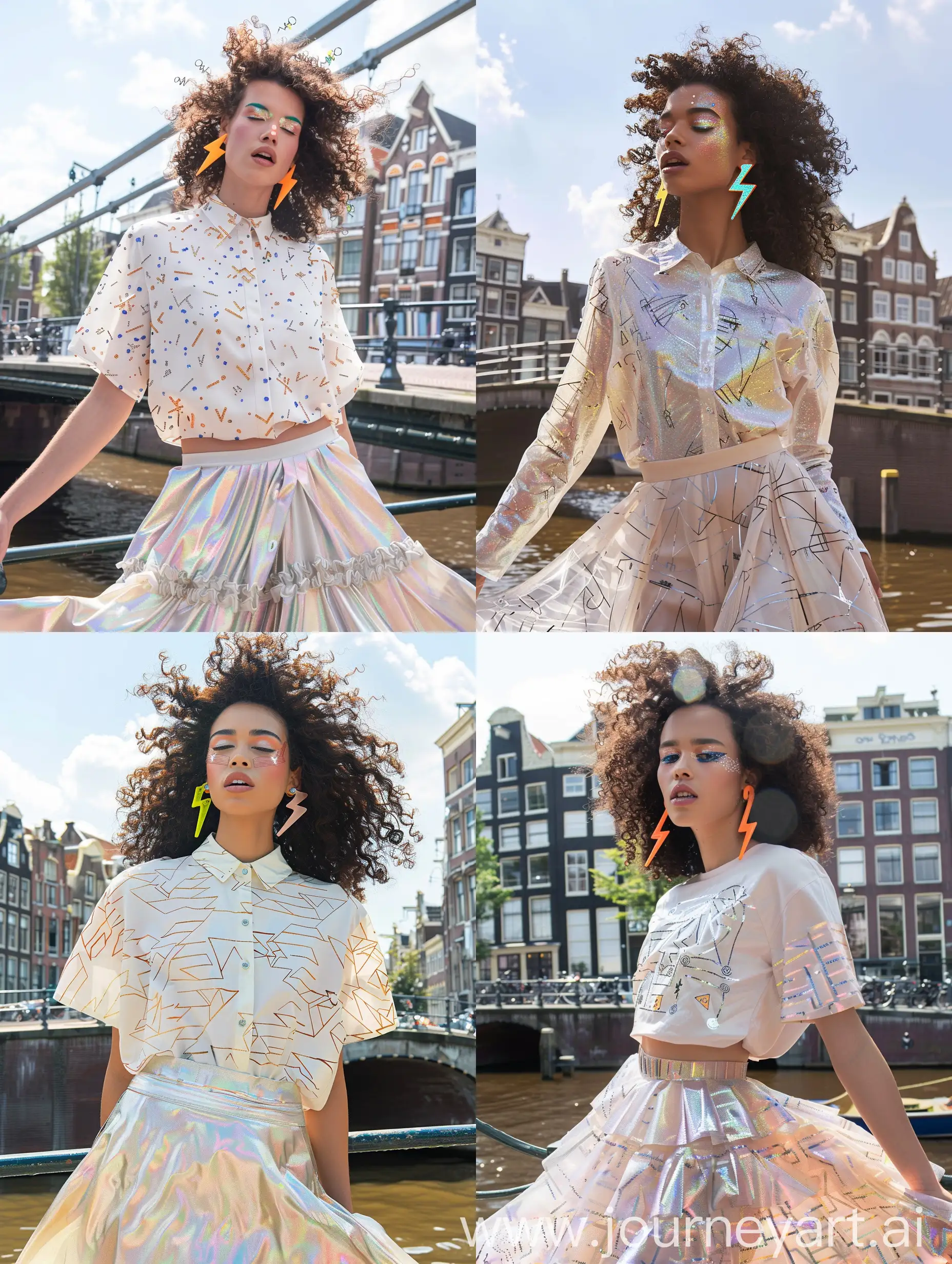 Curly-Model-Strutting-on-Amsterdam-Bridge-with-Trendy-Makeup-and-Geometric-Fashion
