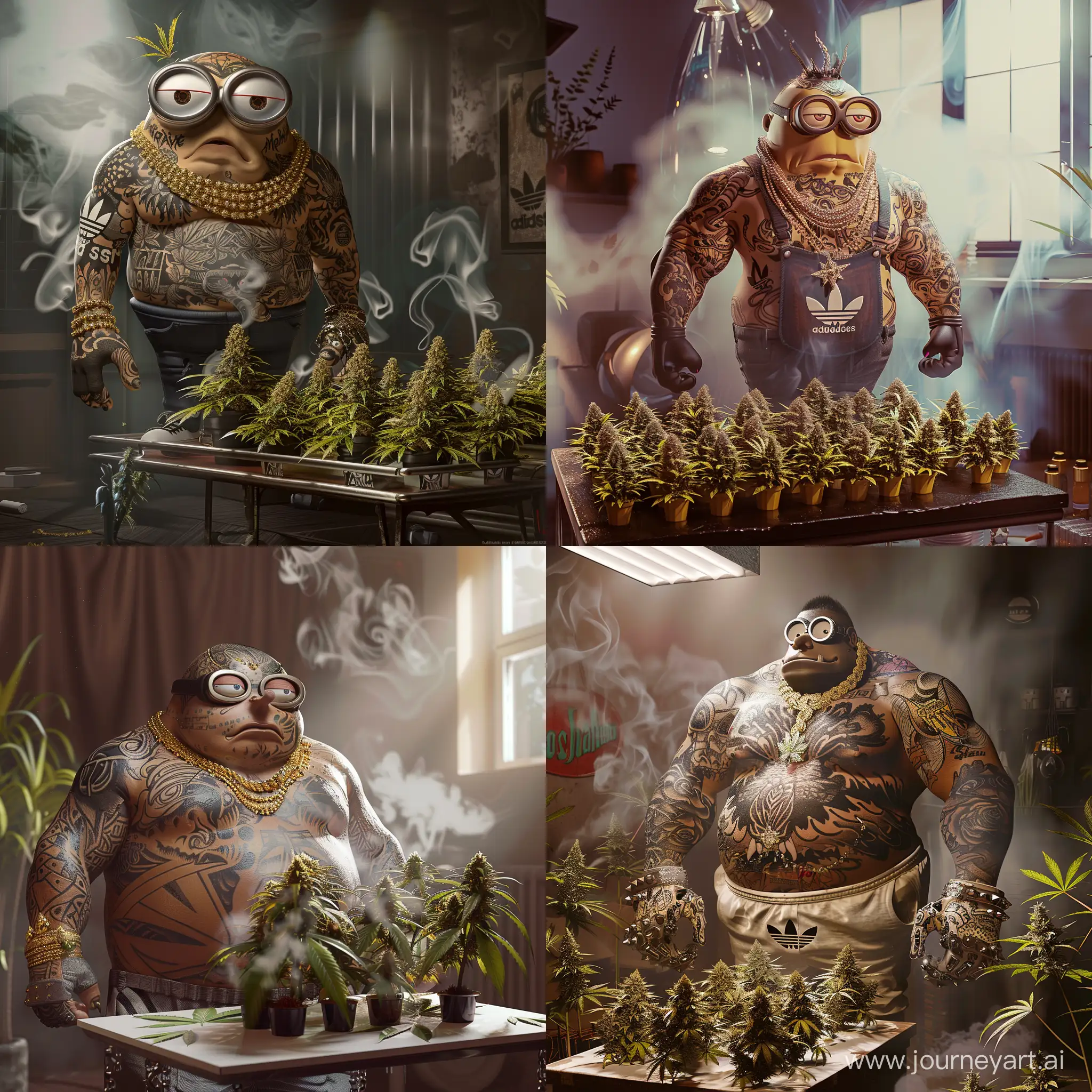 Create an ultra-realistic image, akin to a 4K photograph, of a fictional character resembling an extremely muscular minion from "Despicable Me." The character should have a full-body covering of intricate tattoos, adding to its menacing and serious appearance. Dress the character in a hype beast outfit prominently featuring the Adidas brand, with a stylish, streetwear vibe. Adorn the character with an abundance of flashy jewelry, enhancing its intimidating look. In front of the character, depict a table filled with several large, lush marijuana plants, detailed and lifelike. The room should be filled with thick, swirling smoke clouds, contributing to the scene's intense and formidable atmosphere. The character should exude a sense of seriousness and scariness, standing confidently amidst this edgy and impactful setting.