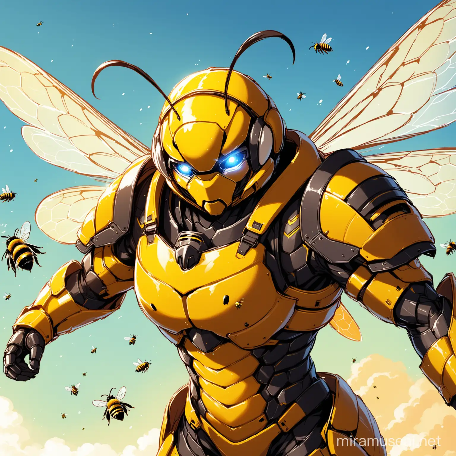 a flying bee, with tactical armor, determined look on face